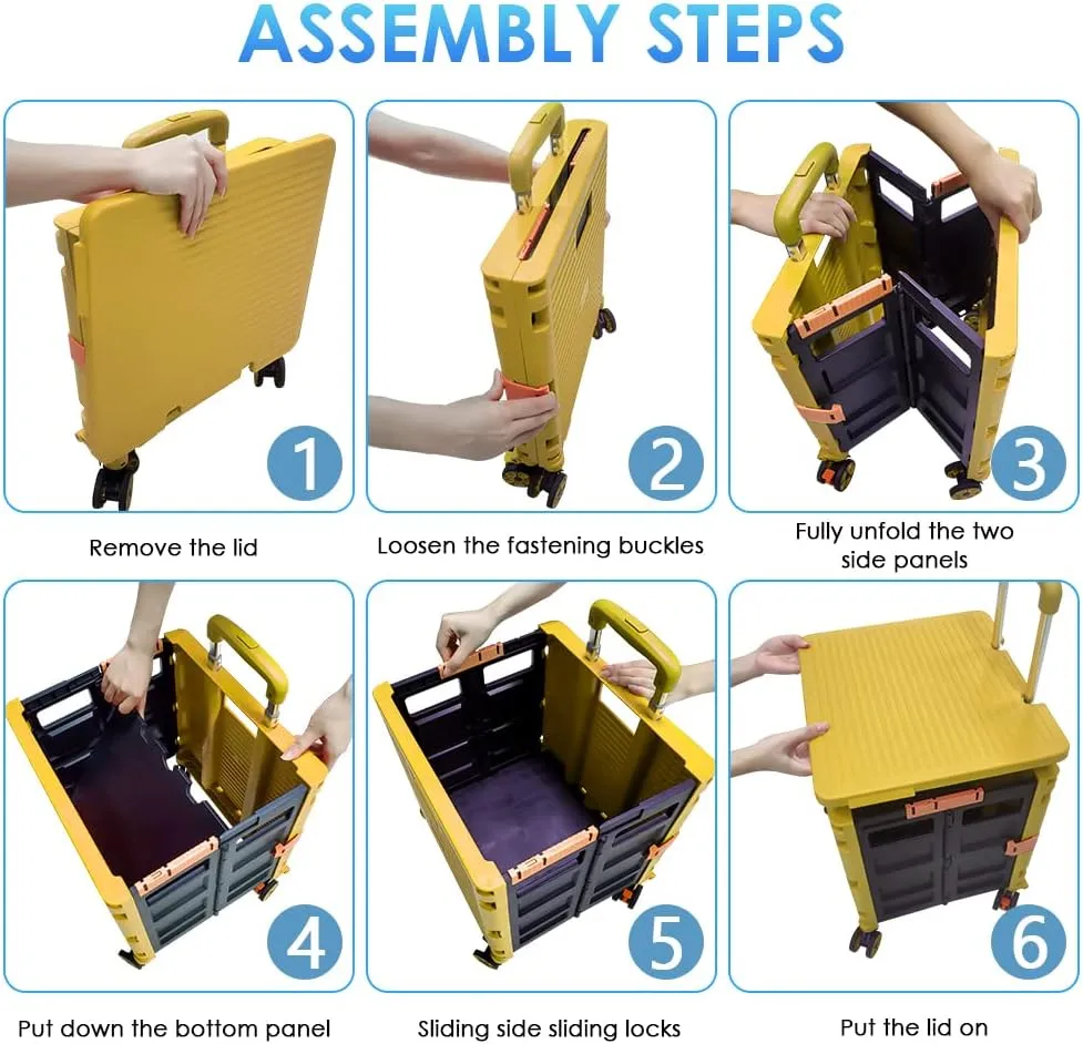 SELORSS Foldable Utility Cart Portable Collapsible Crate Rolling Carts with Wheels Rolling Tote Basket Teacher Cart with Lid Wear-Resistant 360°Rotate Wheel Noiseless for Shopping Storage Office Use