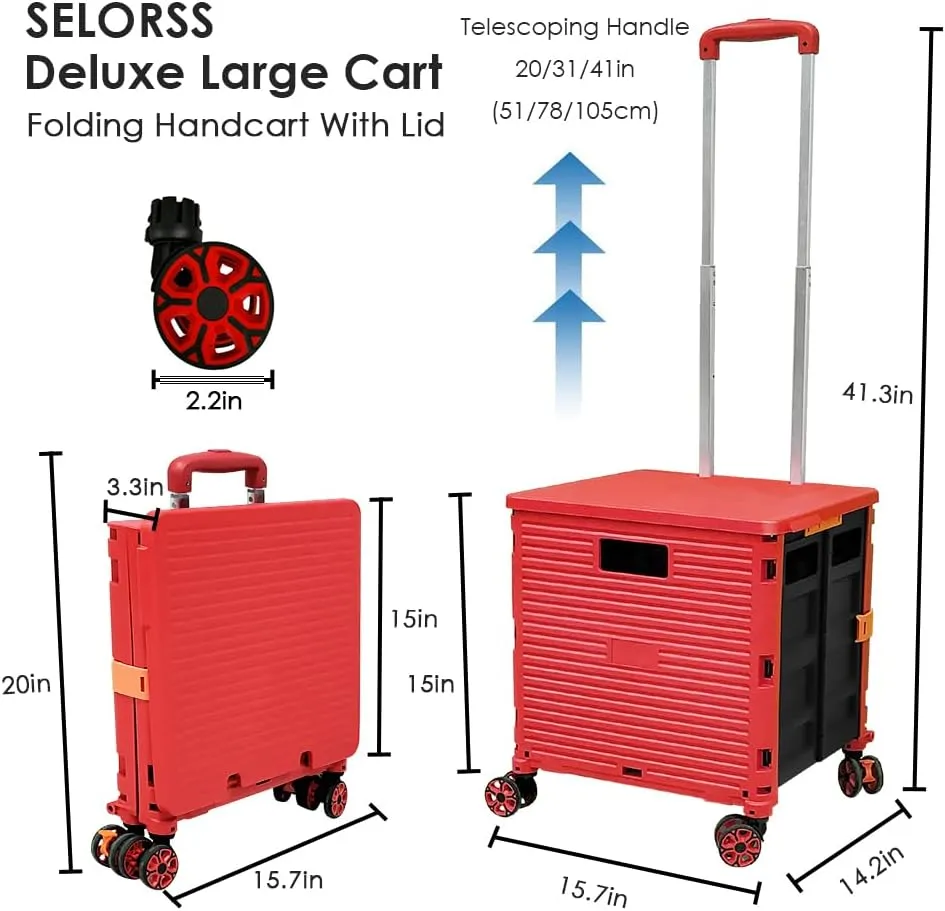 SELORSS Foldable Utility Cart Portable Collapsible Crate Rolling Carts with Wheels Rolling Tote Basket Teacher Cart with Lid Wear-Resistant 360°Rotate Wheel Noiseless for Shopping Storage Office Use