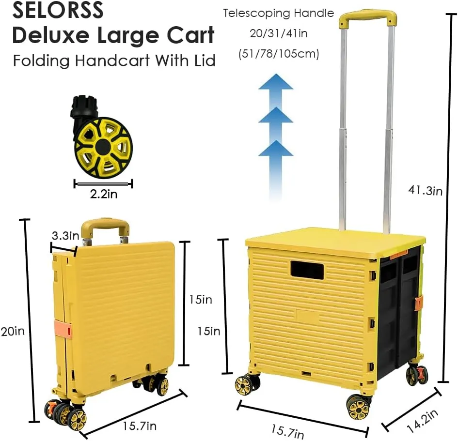 SELORSS Foldable Utility Cart Portable Collapsible Crate Rolling Carts with Wheels Rolling Tote Basket Teacher Cart with Lid Wear-Resistant 360°Rotate Wheel Noiseless for Shopping Storage Office Use
