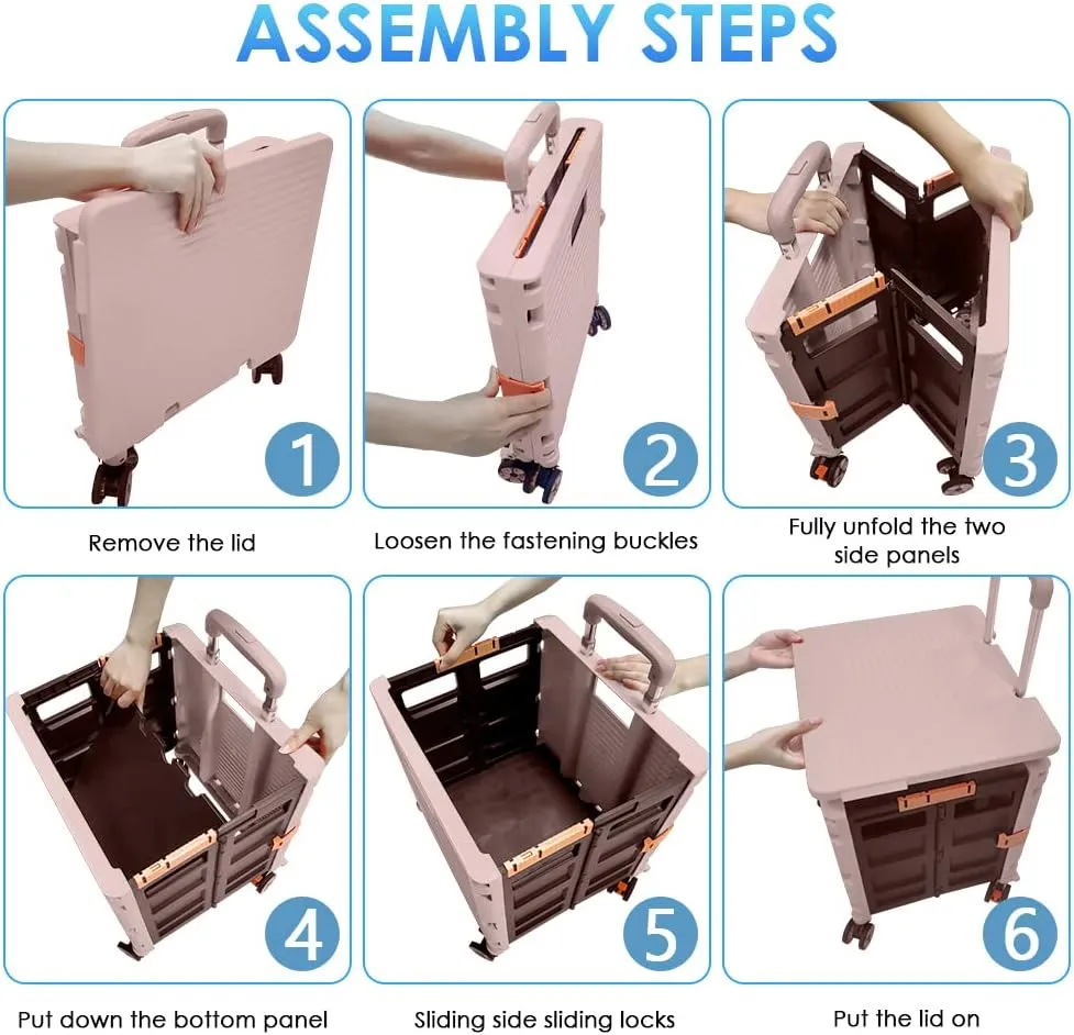 SELORSS Foldable Utility Cart Portable Collapsible Crate Rolling Carts with Wheels Rolling Tote Basket Teacher Cart with Lid Wear-Resistant 360°Rotate Wheel Noiseless for Shopping Storage Office Use