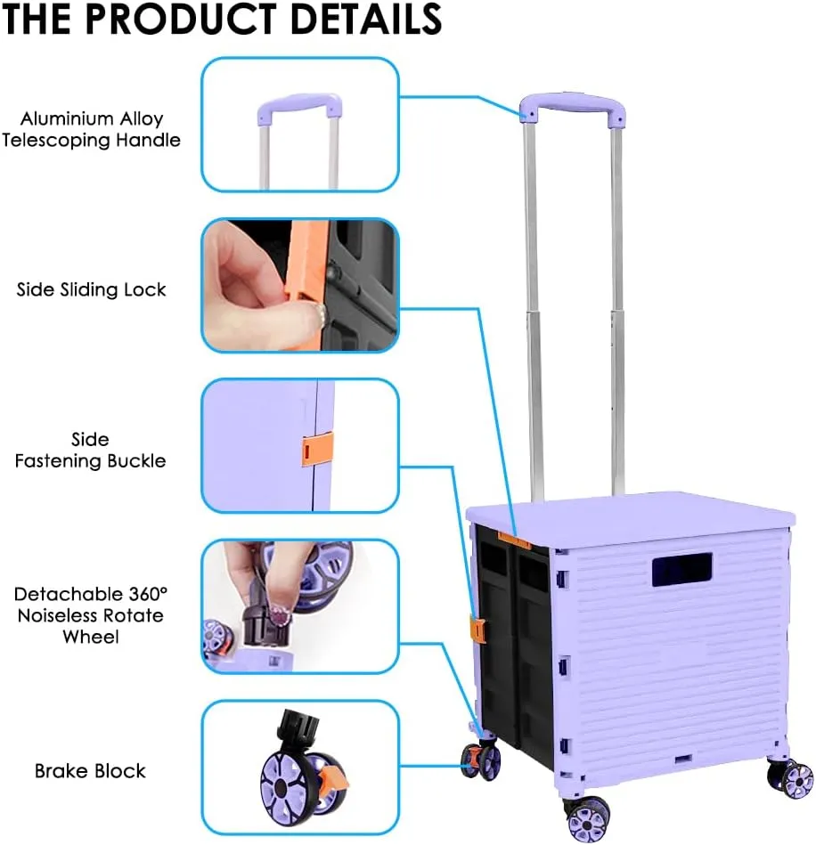SELORSS Foldable Utility Cart Portable Collapsible Crate Rolling Carts with Wheels Rolling Tote Basket Teacher Cart with Lid Wear-Resistant 360°Rotate Wheel Noiseless for Shopping Storage Office Use