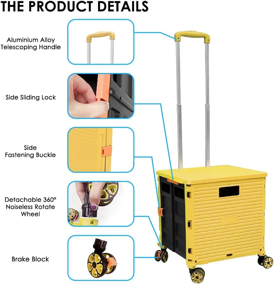 SELORSS Foldable Utility Cart Portable Collapsible Crate Rolling Carts with Wheels Rolling Tote Basket Teacher Cart with Lid Wear-Resistant 360°Rotate Wheel Noiseless for Shopping Storage Office Use