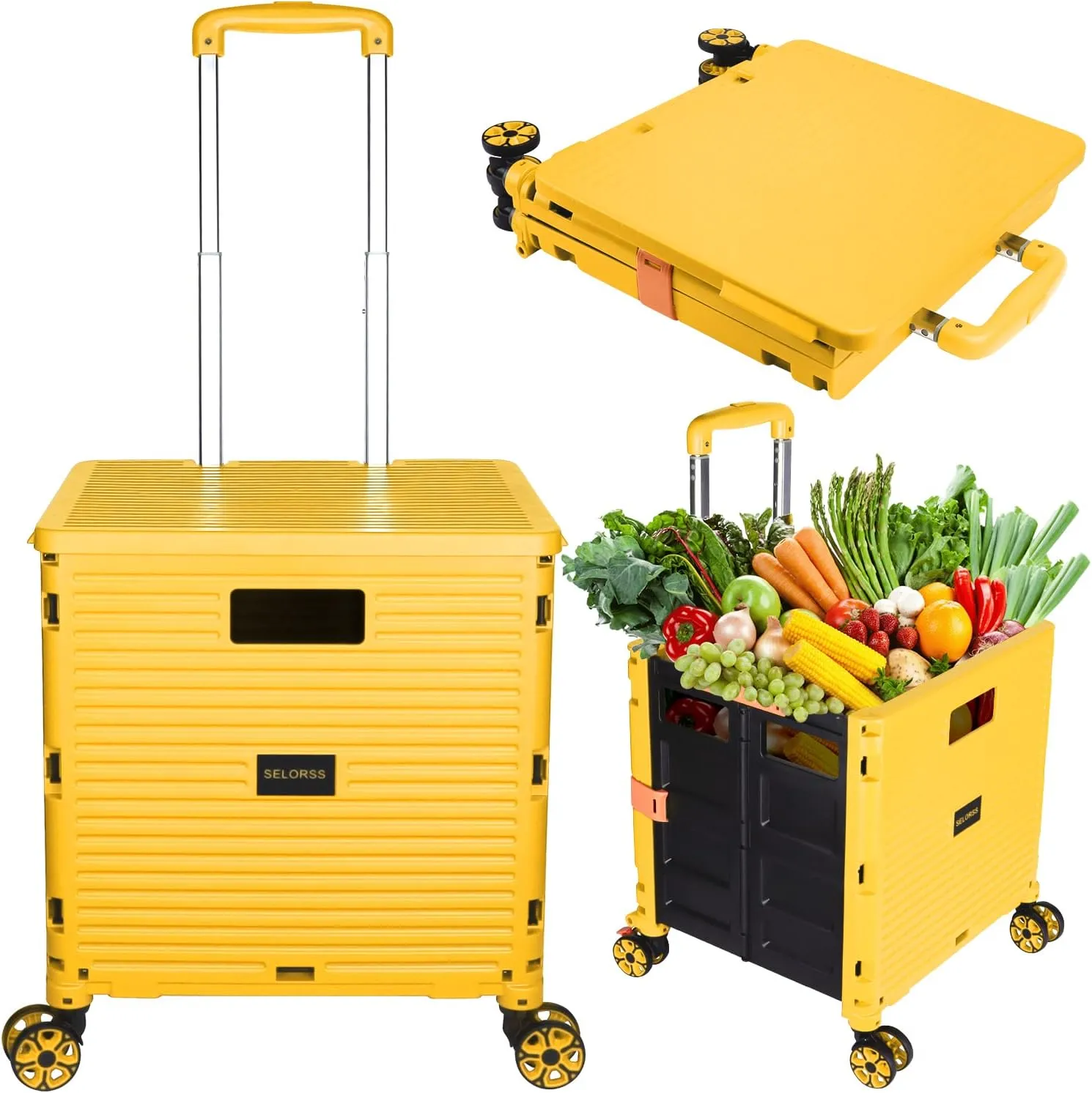 SELORSS Foldable Utility Cart Portable Collapsible Crate Rolling Carts with Wheels Rolling Tote Basket Teacher Cart with Lid Wear-Resistant 360°Rotate Wheel Noiseless for Shopping Storage Office Use