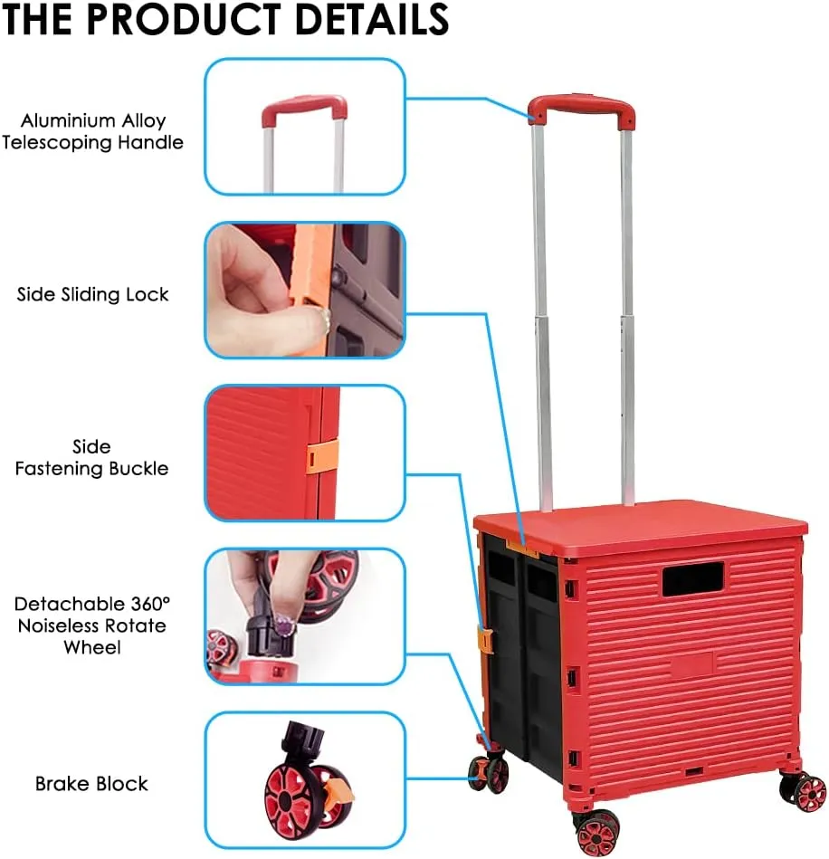 SELORSS Foldable Utility Cart Portable Collapsible Crate Rolling Carts with Wheels Rolling Tote Basket Teacher Cart with Lid Wear-Resistant 360°Rotate Wheel Noiseless for Shopping Storage Office Use