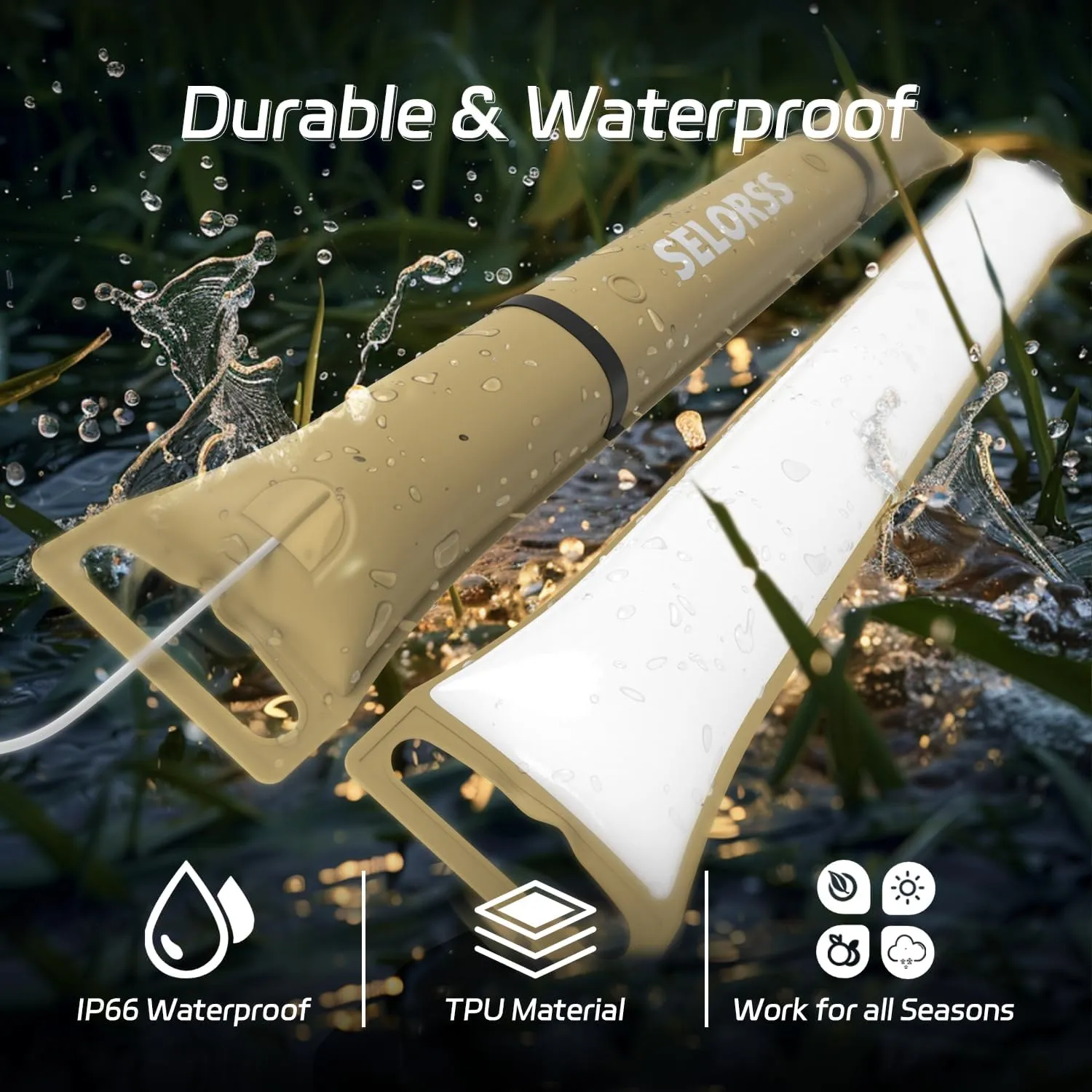 SELORSS Portable Inflatable Folding Outdoor Camping Light, IP66 Waterproof Standard with USB Plug for Camping, Hiking, Traveling and Other Outdoor environments.(Khaki Two-Piece)
