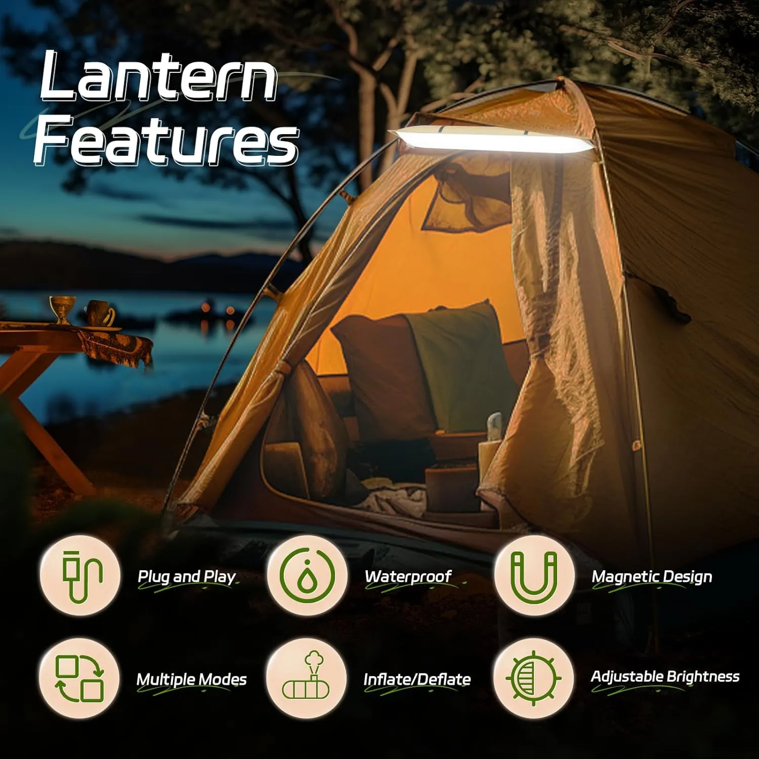 SELORSS Portable Inflatable Folding Outdoor Camping Light, IP66 Waterproof Standard with USB Plug for Camping, Hiking, Traveling and Other Outdoor environments.(Khaki Two-Piece)