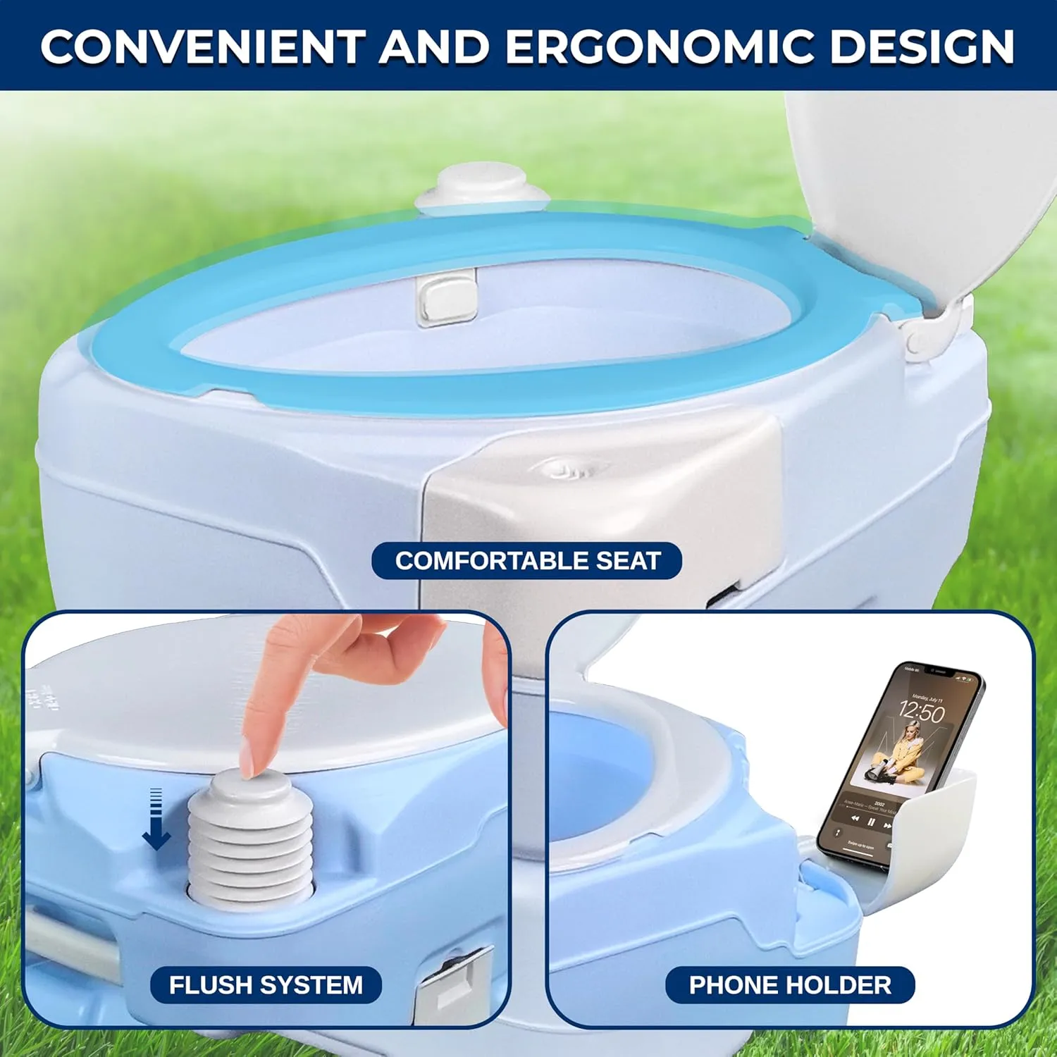 SereneLife Moonwhite 15L Travel Toilet for Camping & RV - Extra-Large Leak-Proof Seat, Hand Sprayer, Funnel, Full Flush & Phone Slot - Ideal Travel Potty for Adults, Campsites, Boats & Road Trips
