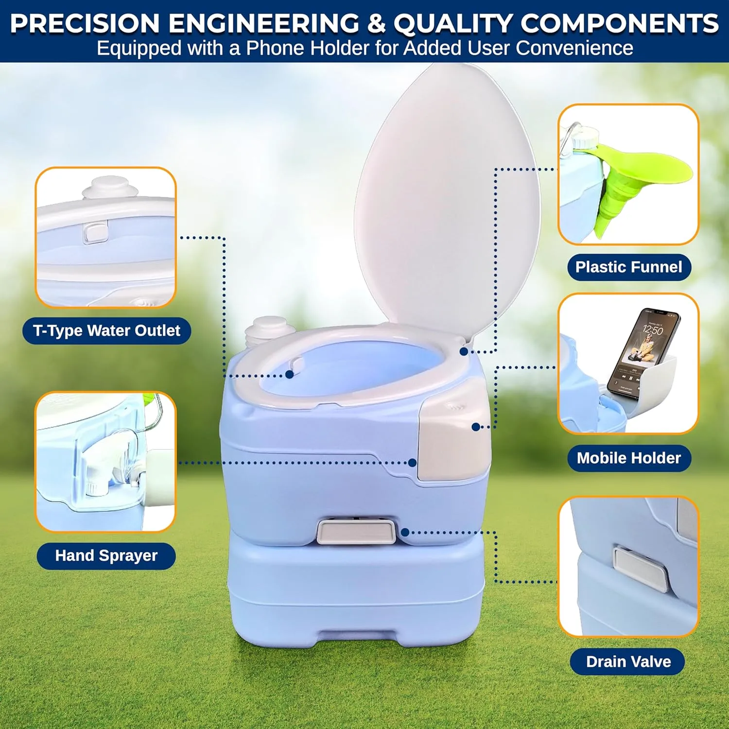 SereneLife Moonwhite 15L Travel Toilet for Camping & RV - Extra-Large Leak-Proof Seat, Hand Sprayer, Funnel, Full Flush & Phone Slot - Ideal Travel Potty for Adults, Campsites, Boats & Road Trips