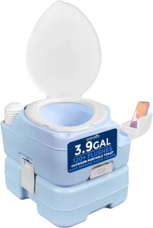 SereneLife Moonwhite 15L Travel Toilet for Camping & RV - Extra-Large Leak-Proof Seat, Hand Sprayer, Funnel, Full Flush & Phone Slot - Ideal Travel Potty for Adults, Campsites, Boats & Road Trips
