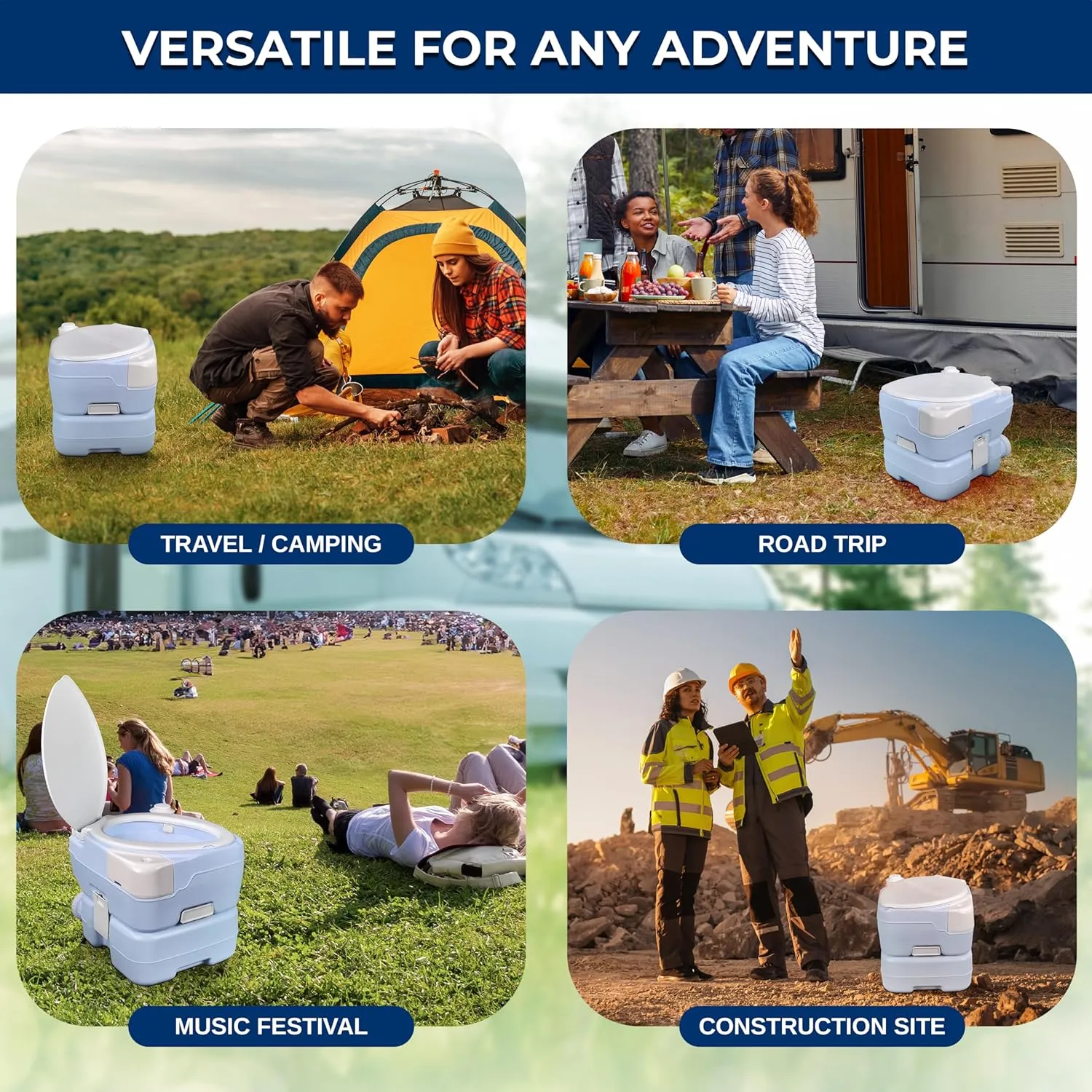 SereneLife Moonwhite 15L Travel Toilet for Camping & RV - Extra-Large Leak-Proof Seat, Hand Sprayer, Funnel, Full Flush & Phone Slot - Ideal Travel Potty for Adults, Campsites, Boats & Road Trips