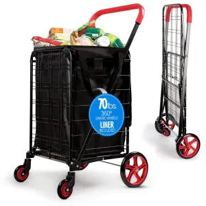 SereneLife Small Foldable Shopping Cart with Cart Liner - 17.72" x 21" x 36.6" Collapsible Grocery Cart with 70 lbs. Capacity, Removable and Weatherproof Cart Liner, 360° Swivel Wheels (Red)