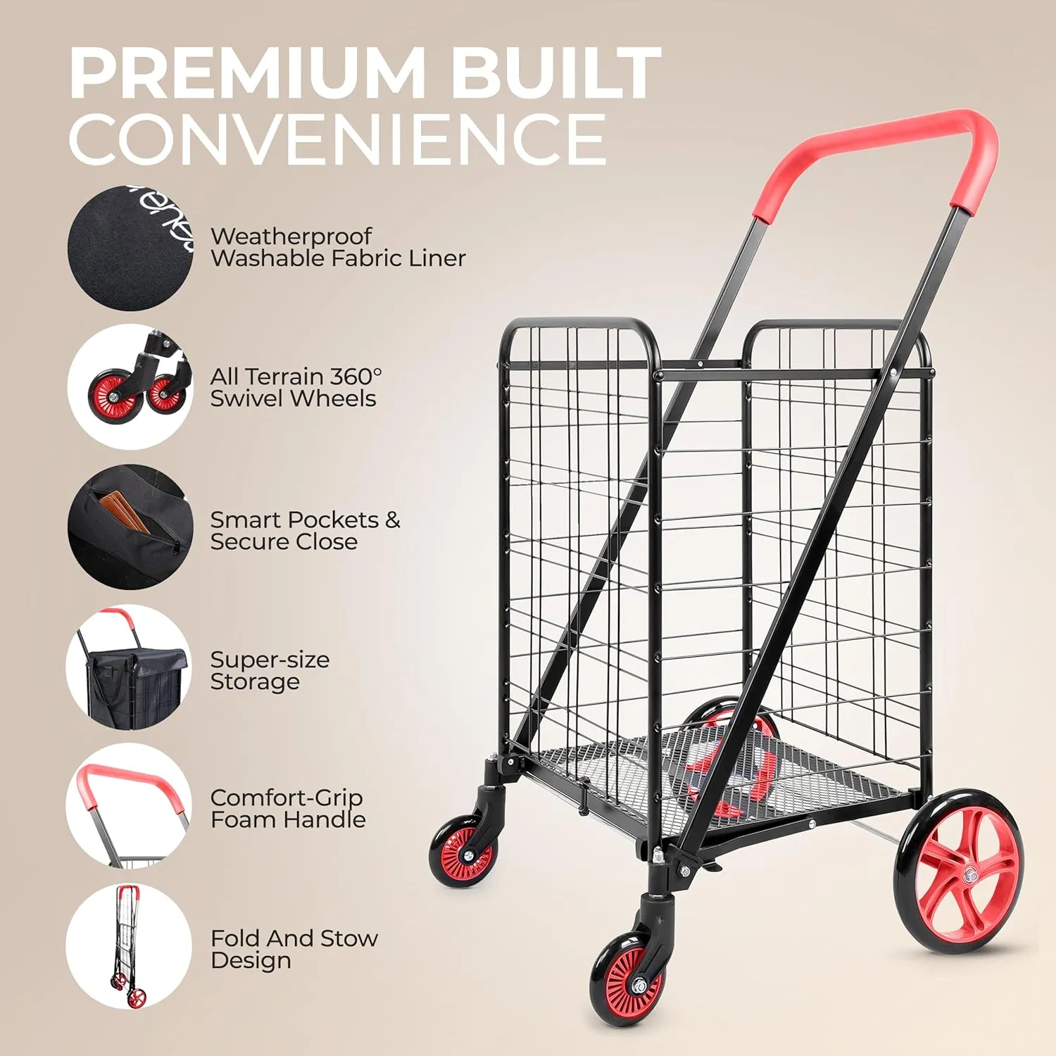 SereneLife Small Foldable Shopping Cart with Cart Liner - 17.72" x 21" x 36.6" Collapsible Grocery Cart with 70 lbs. Capacity, Removable and Weatherproof Cart Liner, 360° Swivel Wheels (Red)