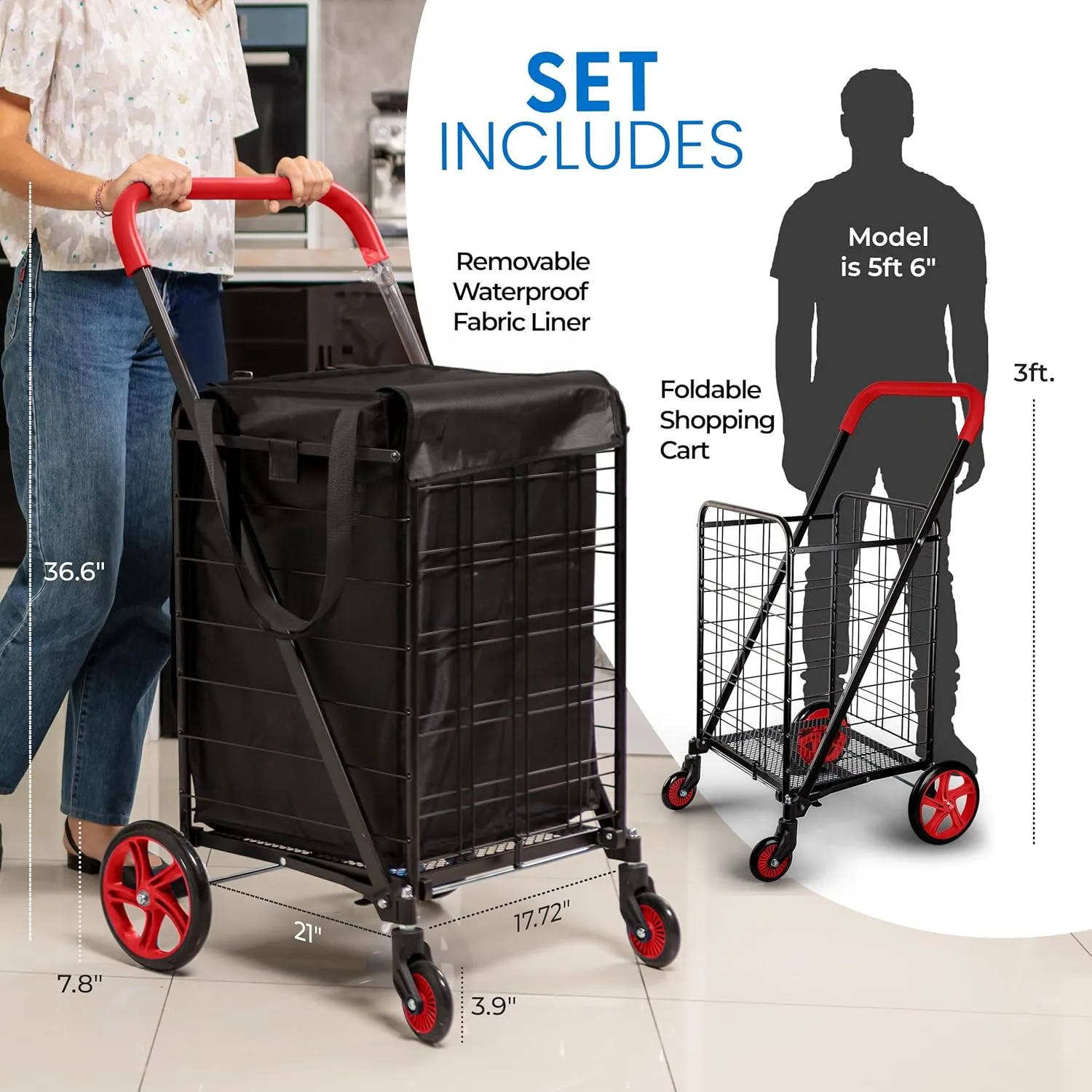 SereneLife Small Foldable Shopping Cart with Cart Liner - 17.72" x 21" x 36.6" Collapsible Grocery Cart with 70 lbs. Capacity, Removable and Weatherproof Cart Liner, 360° Swivel Wheels (Red)