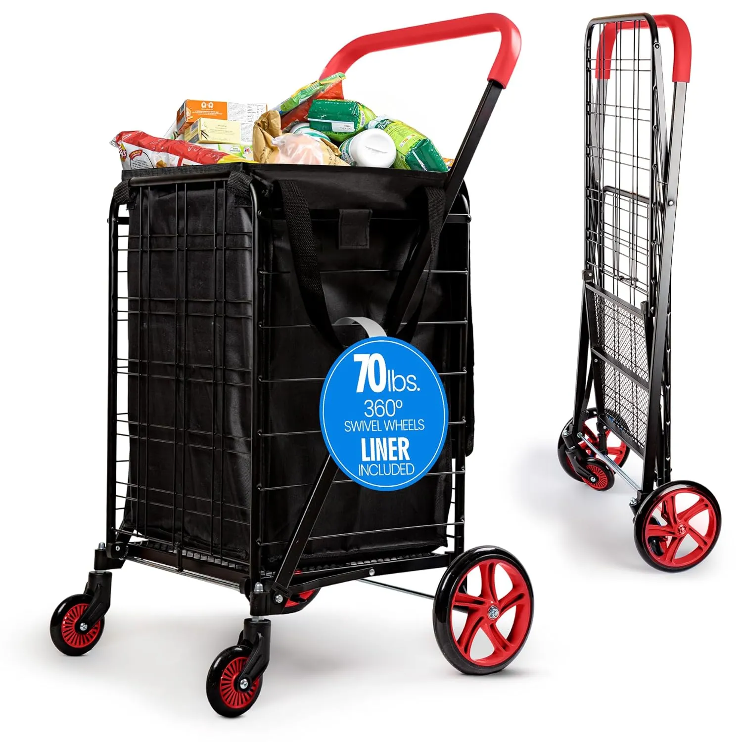 SereneLife Small Foldable Shopping Cart with Cart Liner - 17.72" x 21" x 36.6" Collapsible Grocery Cart with 70 lbs. Capacity, Removable and Weatherproof Cart Liner, 360° Swivel Wheels (Red)