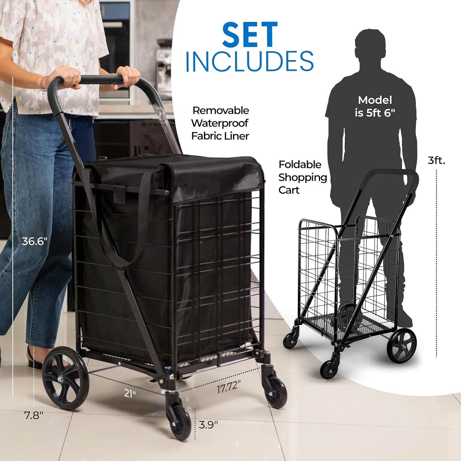 SereneLife Small Foldable Shopping Cart with Liner - 17.72" x 21" x 36.6" Collapsible Grocery with 70 lbs. Capacity, Removable and Weatherproof Liner, 360° Swivel Wheels (Black)
