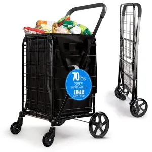 SereneLife Small Foldable Shopping Cart with Liner - 17.72" x 21" x 36.6" Collapsible Grocery with 70 lbs. Capacity, Removable and Weatherproof Liner, 360° Swivel Wheels (Black)