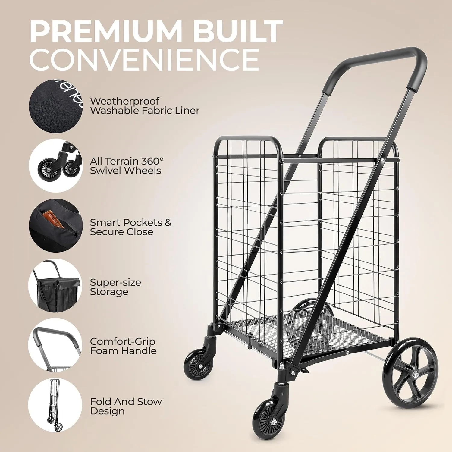 SereneLife Small Foldable Shopping Cart with Liner - 17.72" x 21" x 36.6" Collapsible Grocery with 70 lbs. Capacity, Removable and Weatherproof Liner, 360° Swivel Wheels (Black)