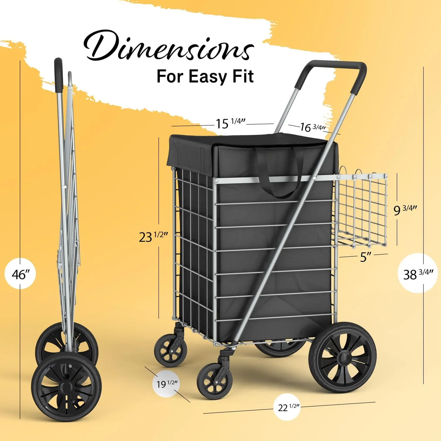 Shopping Cart w/Waterproof Basket Liner & 360° Swivel Wheels | Foldable Collapsible & Lightweight | Perfect for Groceries Laundry Utility Cart - Silver