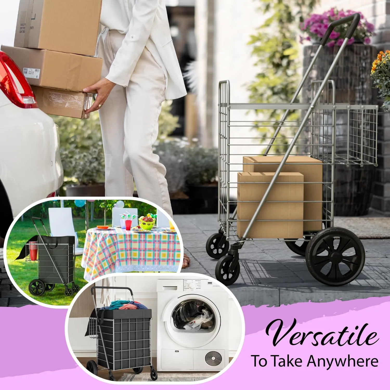 Shopping Cart w/Waterproof Basket Liner & 360° Swivel Wheels | Foldable Collapsible & Lightweight | Perfect for Groceries Laundry Utility Cart - Silver