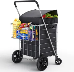 Shopping Cart w/Waterproof Basket Liner & 360° Swivel Wheels | Foldable Collapsible & Lightweight | Perfect for Groceries Laundry Utility Cart - Silver