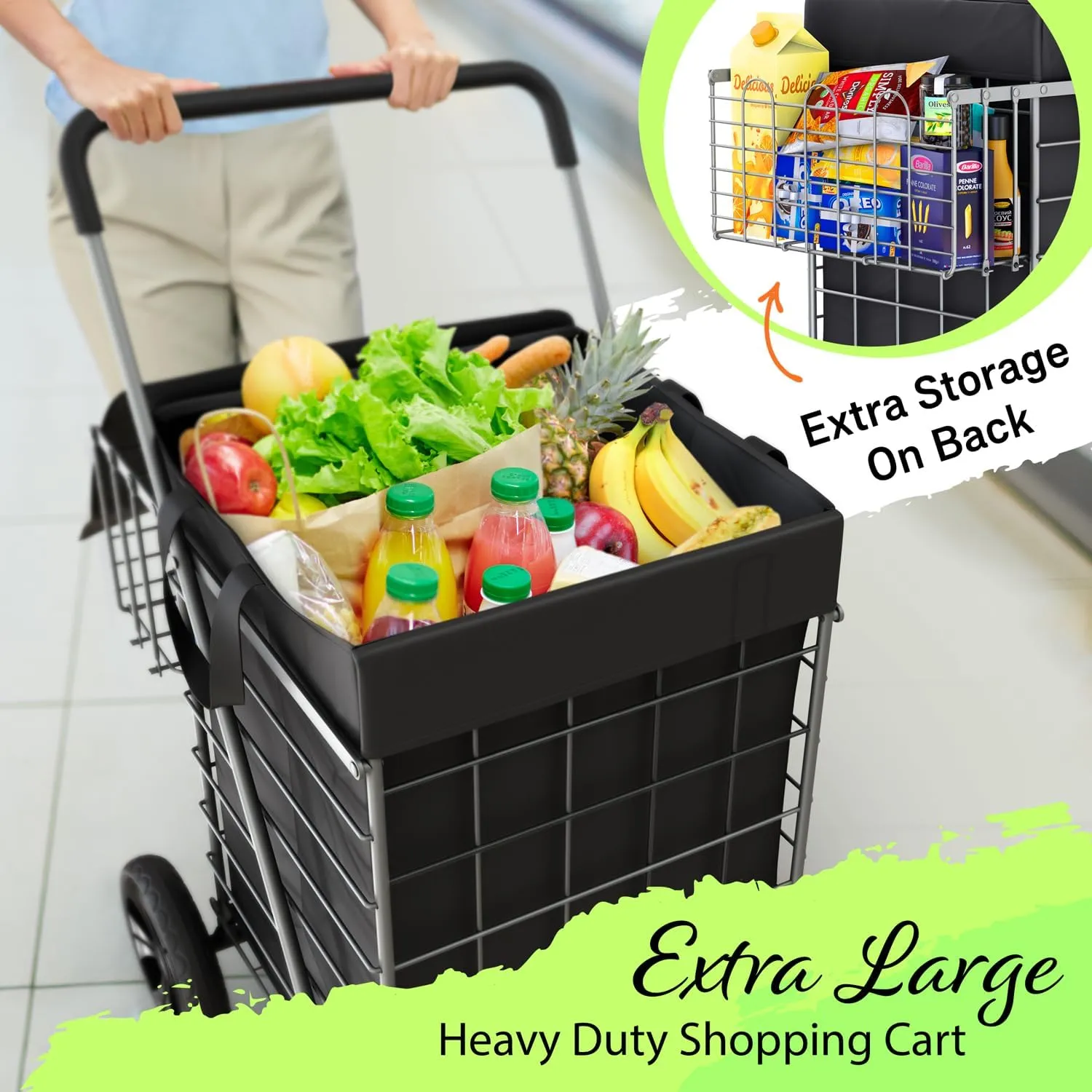 Shopping Cart w/Waterproof Basket Liner & 360° Swivel Wheels | Foldable Collapsible & Lightweight | Perfect for Groceries Laundry Utility Cart - Silver