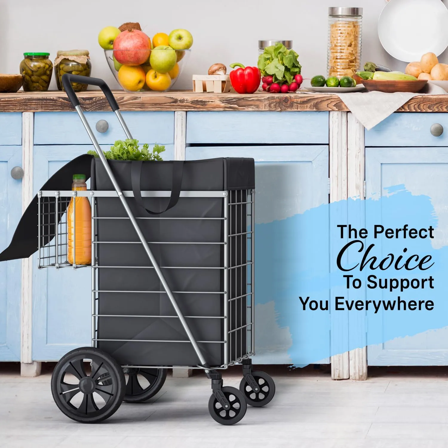 Shopping Cart w/Waterproof Basket Liner & 360° Swivel Wheels | Foldable Collapsible & Lightweight | Perfect for Groceries Laundry Utility Cart - Silver