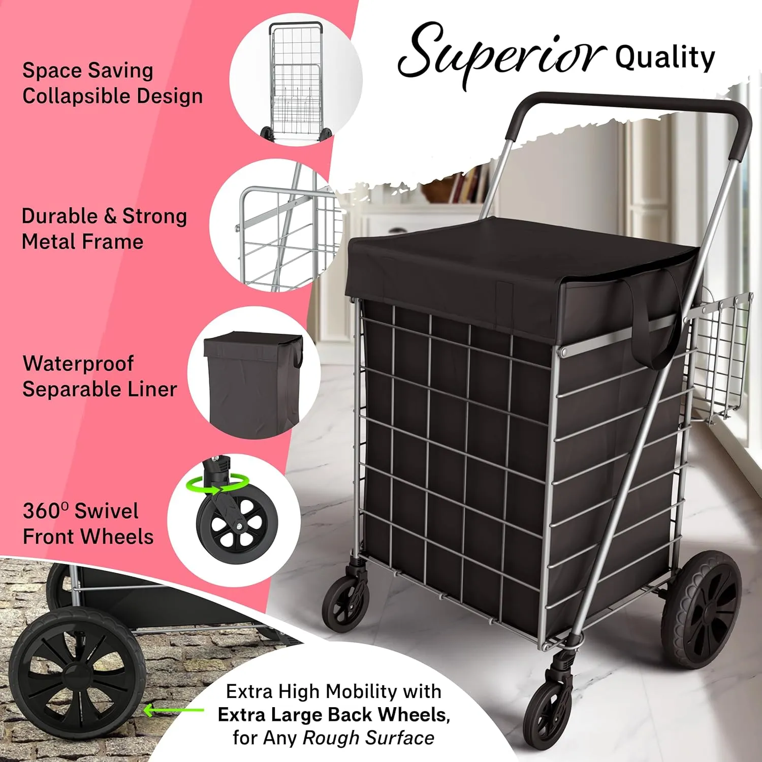 Shopping Cart w/Waterproof Basket Liner & 360° Swivel Wheels | Foldable Collapsible & Lightweight | Perfect for Groceries Laundry Utility Cart - Silver