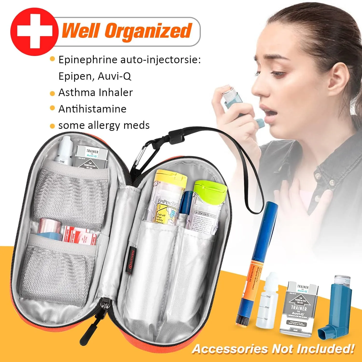 SITHON EpiPen Medical Carrying Case Insulated, Travel Medication Organizer Bag Emergency Medical Pouch Holds 2 EpiPens, Asthma Inhaler, Anti-Histamine, Auvi-Q, Allergy Medicine Essentials, Orange