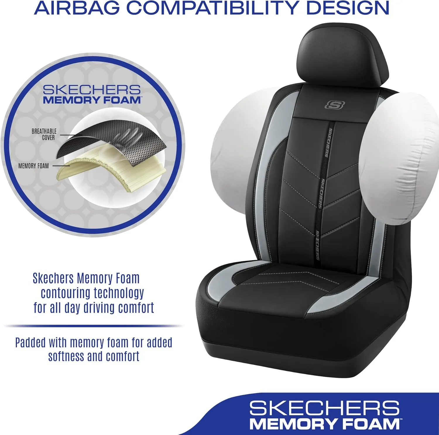 Skechers Car Seat Covers,Luxury Faux Leather Seat Covers,Waterproof Anti Slip Car Seat Protector Front Seats,Car Accessories Airbag Universal Fit for Most Cars,Vans,Trucks,SUV,Grey