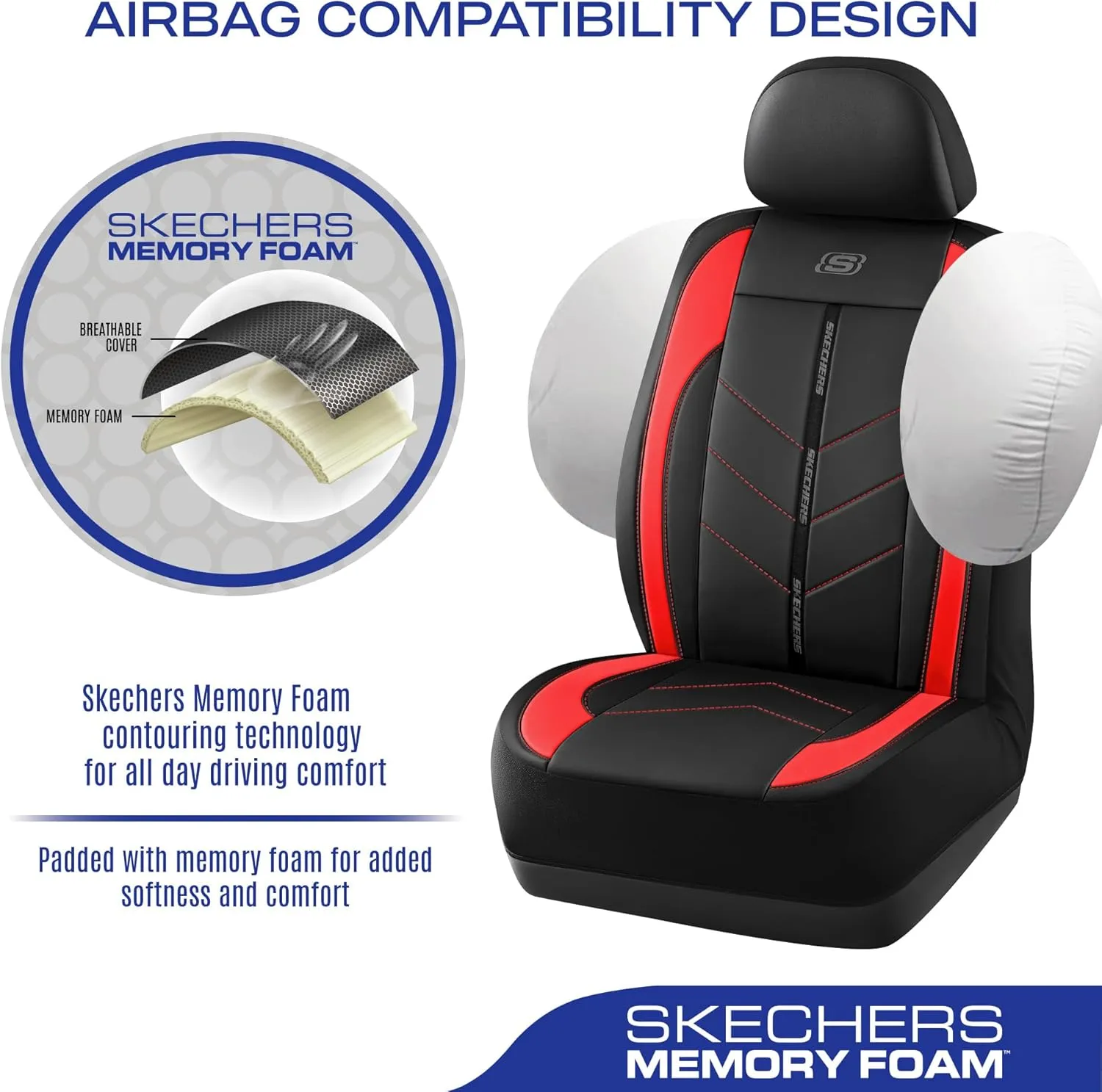 Skechers Car Seat Covers,Luxury Faux Leather Seat Covers,Waterproof Anti Slip Car Seat ProtectorFull Set,Car Accessories Airbag Universal Fit for Most Cars,Vans,Trucks,SUV,Red
