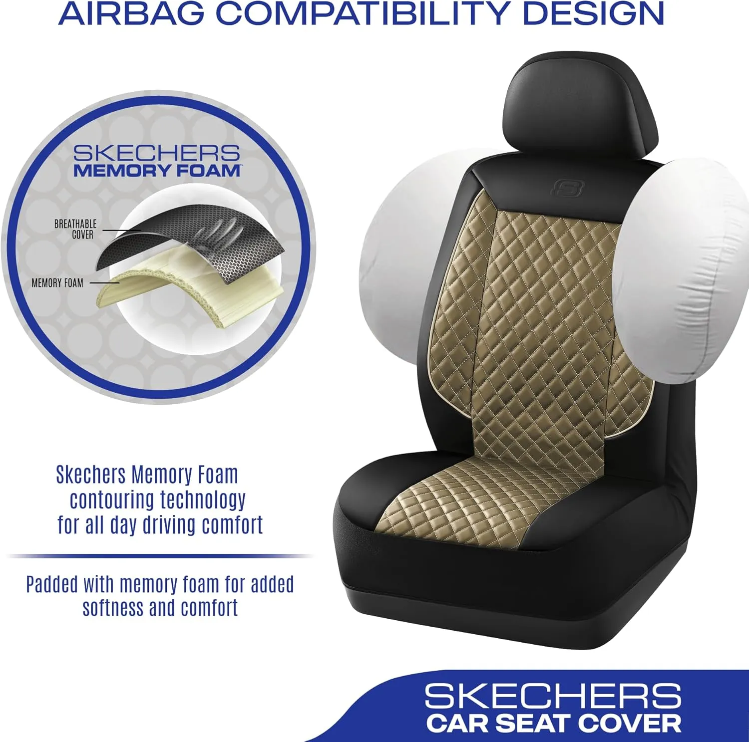 Skechers Car Seat Covers,Piping Luxury Faux Seat Covers,Waterproof Anti Slip Car Seat Protector Front Seats,Car Accessories Airbag Universal Fit for Most Cars,Vans,Trucks,SUV,Beige