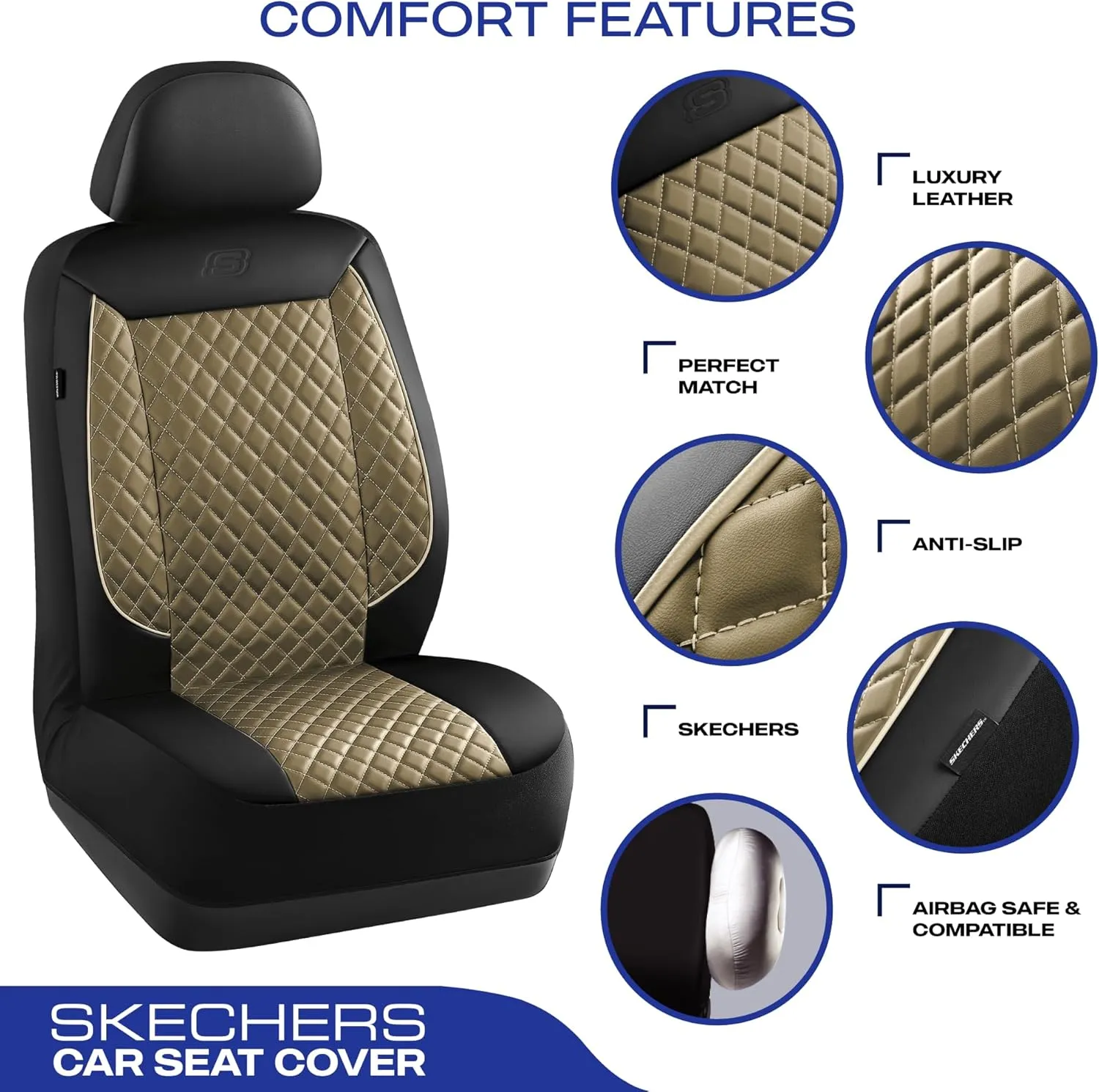 Skechers Car Seat Covers,Piping Luxury Faux Seat Covers,Waterproof Anti Slip Car Seat Protector Front Seats,Car Accessories Airbag Universal Fit for Most Cars,Vans,Trucks,SUV,Beige