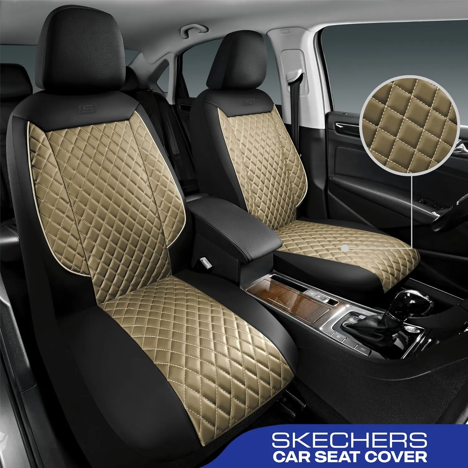 Skechers Car Seat Covers,Piping Luxury Faux Seat Covers,Waterproof Anti Slip Car Seat Protector Front Seats,Car Accessories Airbag Universal Fit for Most Cars,Vans,Trucks,SUV,Beige