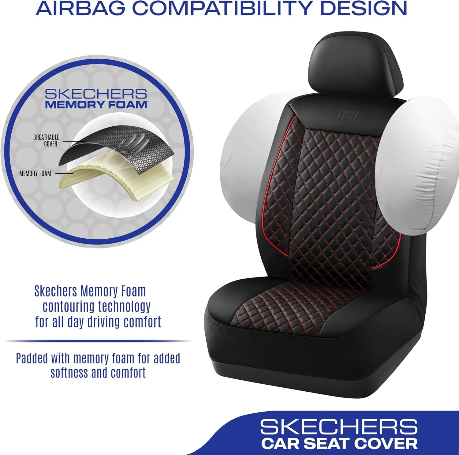 Skechers Car Seat Covers,Piping Luxury Faux Seat Covers,Waterproof Anti Slip Car Seat Protector Front Seats,Car Accessories Airbag Universal Fit for Most Cars,Vans,Trucks,SUV,Red