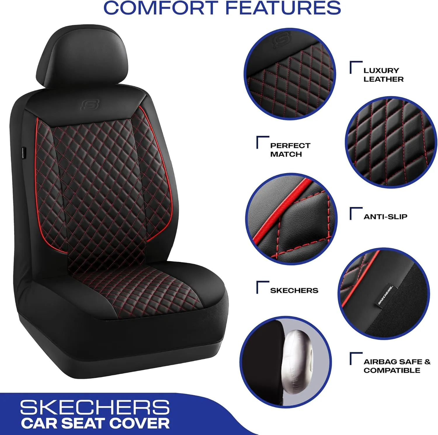 Skechers Car Seat Covers,Piping Luxury Faux Seat Covers,Waterproof Anti Slip Car Seat Protector Front Seats,Car Accessories Airbag Universal Fit for Most Cars,Vans,Trucks,SUV,Red