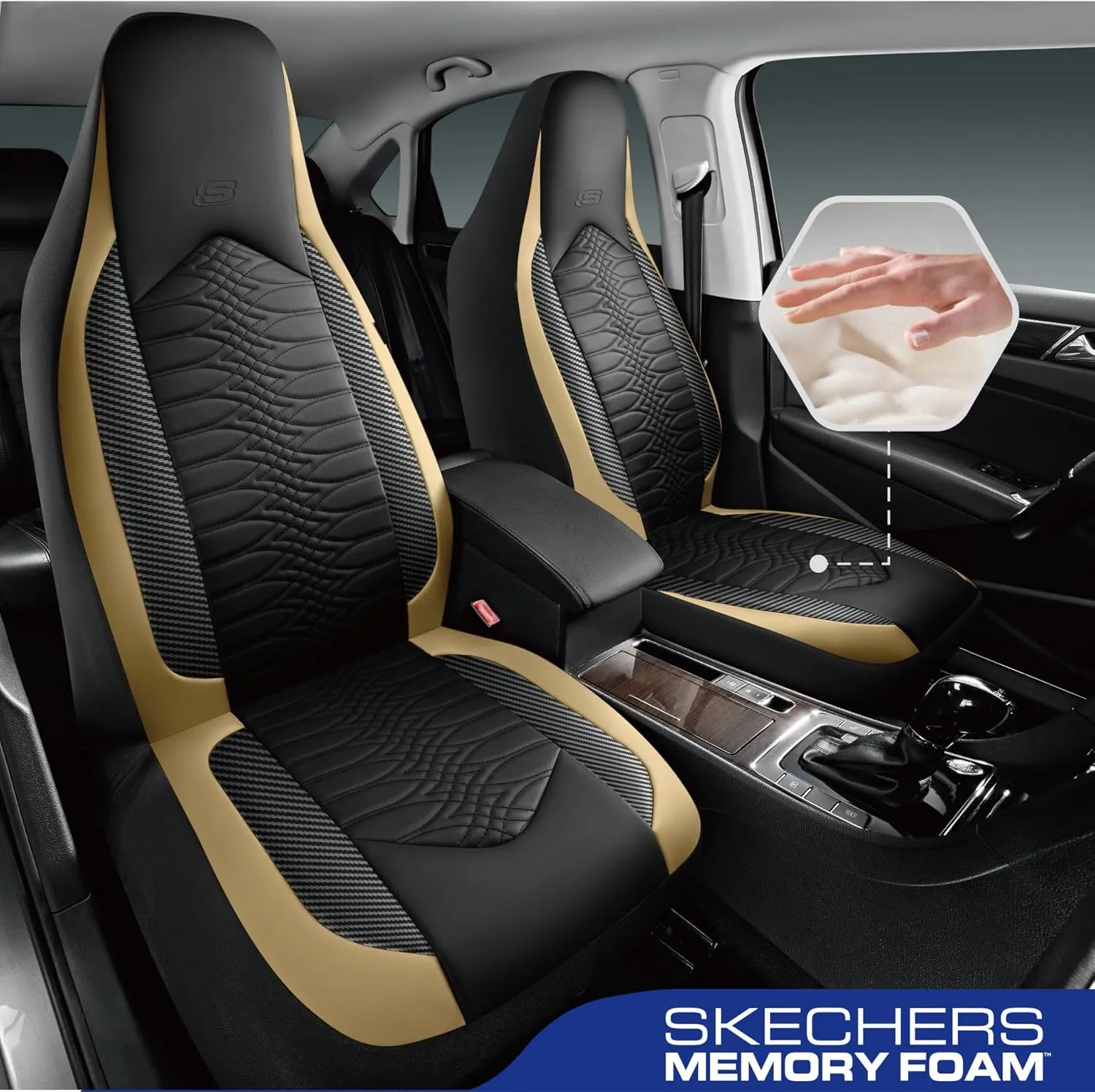 Skechers Memory Foam Car Seat Covers, Leather High Back Seat Covers Quilting Design,Waterproof Sports Car Seat Covers Front Seats,Airbag Compatible, Universal Fit for Most Cars, SUVs,Trucks,Beige
