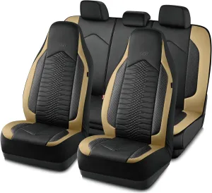 Skechers Memory Foam Car Seat Covers, Leather High Back Seat Covers Quilting Design,Waterproof Sports Car Seat Covers Full Sets,Airbag Compatible, Universal Fit for Most Cars, SUVs,Trucks,Beige