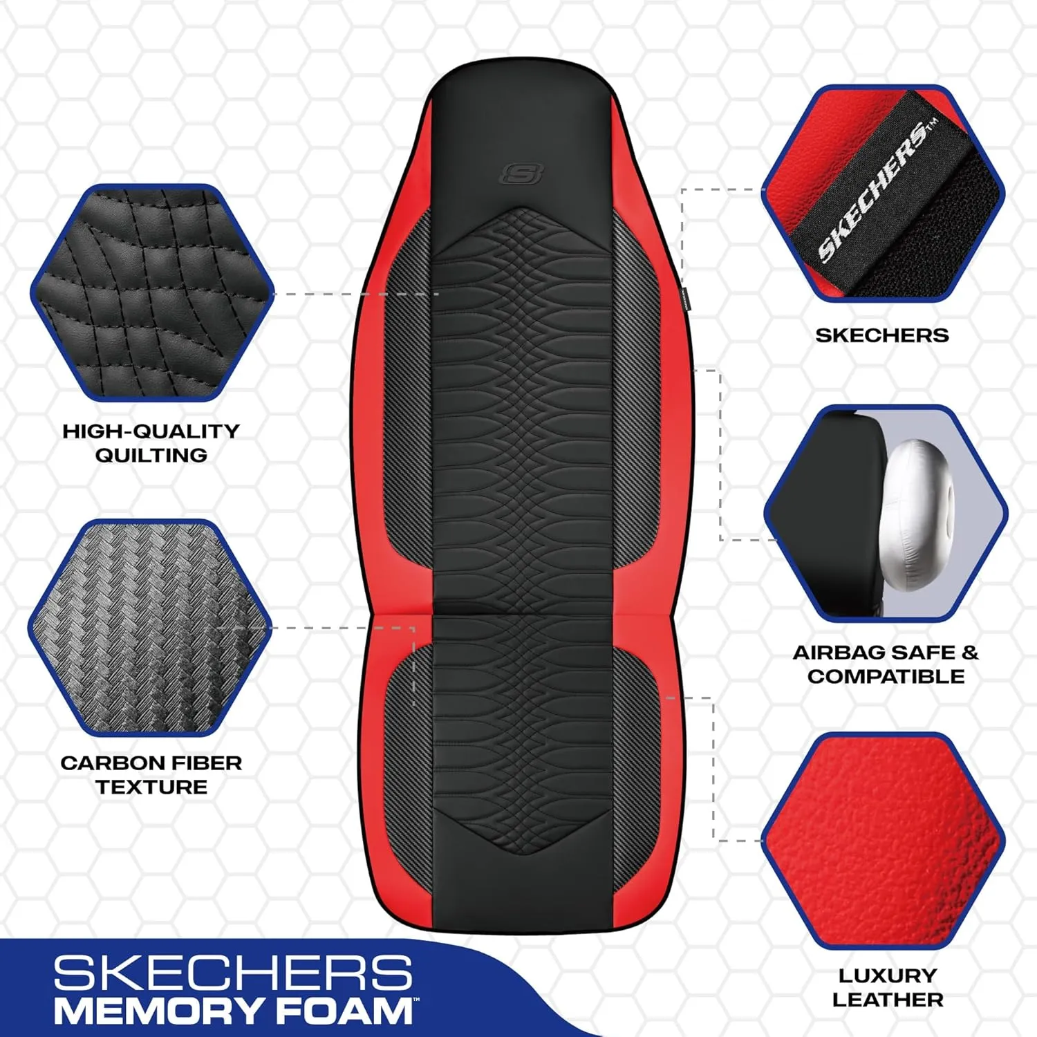 Skechers Memory Foam Car Seat Covers, Leather High Back Seat Covers Quilting Design,Waterproof Sports Car Seat Covers Full Sets,Airbag Compatible, Universal Fit for Most Cars, SUVs,Trucks,Red