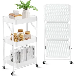 SKY-TOUCH 3 Tier trolley organizer,Foldable Metal Rolling Utility Cart Organizer, Multipurpose Organizer Trolley with Casters for Kitchen, Bedroom, Bathroom, Office, Laundry Room and Garage White