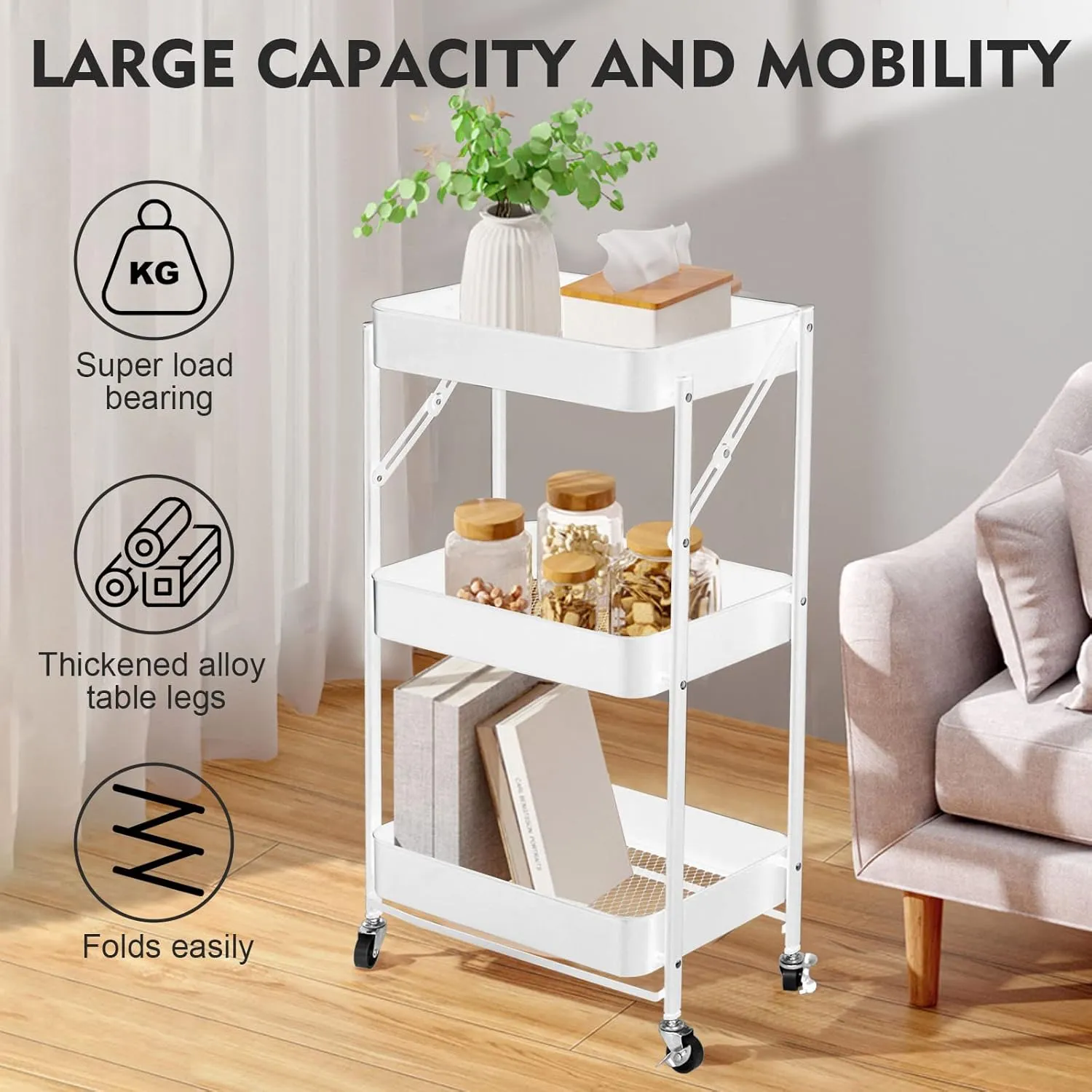 SKY-TOUCH 3 Tier trolley organizer,Foldable Metal Rolling Utility Cart Organizer, Multipurpose Organizer Trolley with Casters for Kitchen, Bedroom, Bathroom, Office, Laundry Room and Garage White