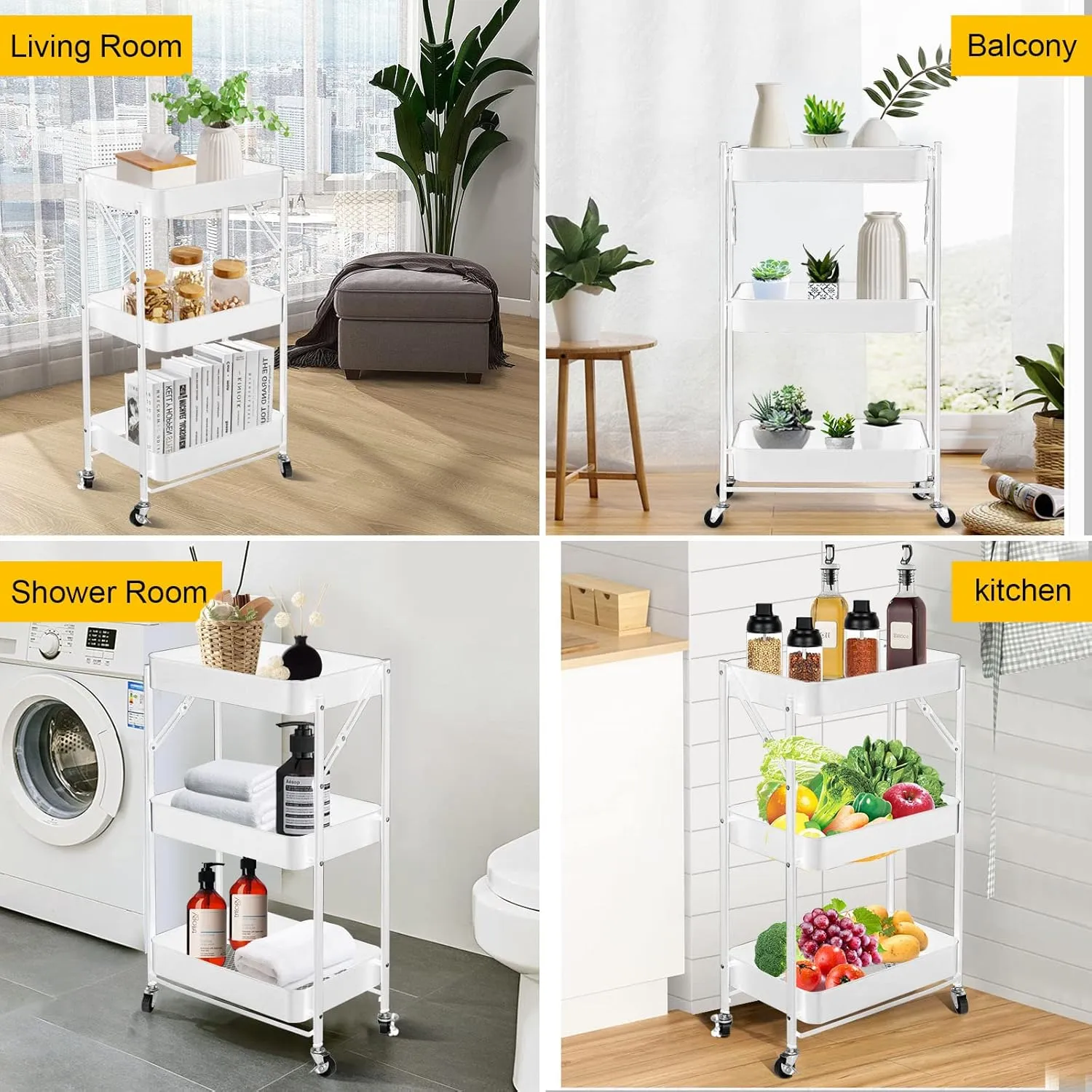 SKY-TOUCH 3 Tier trolley organizer,Foldable Metal Rolling Utility Cart Organizer, Multipurpose Organizer Trolley with Casters for Kitchen, Bedroom, Bathroom, Office, Laundry Room and Garage White