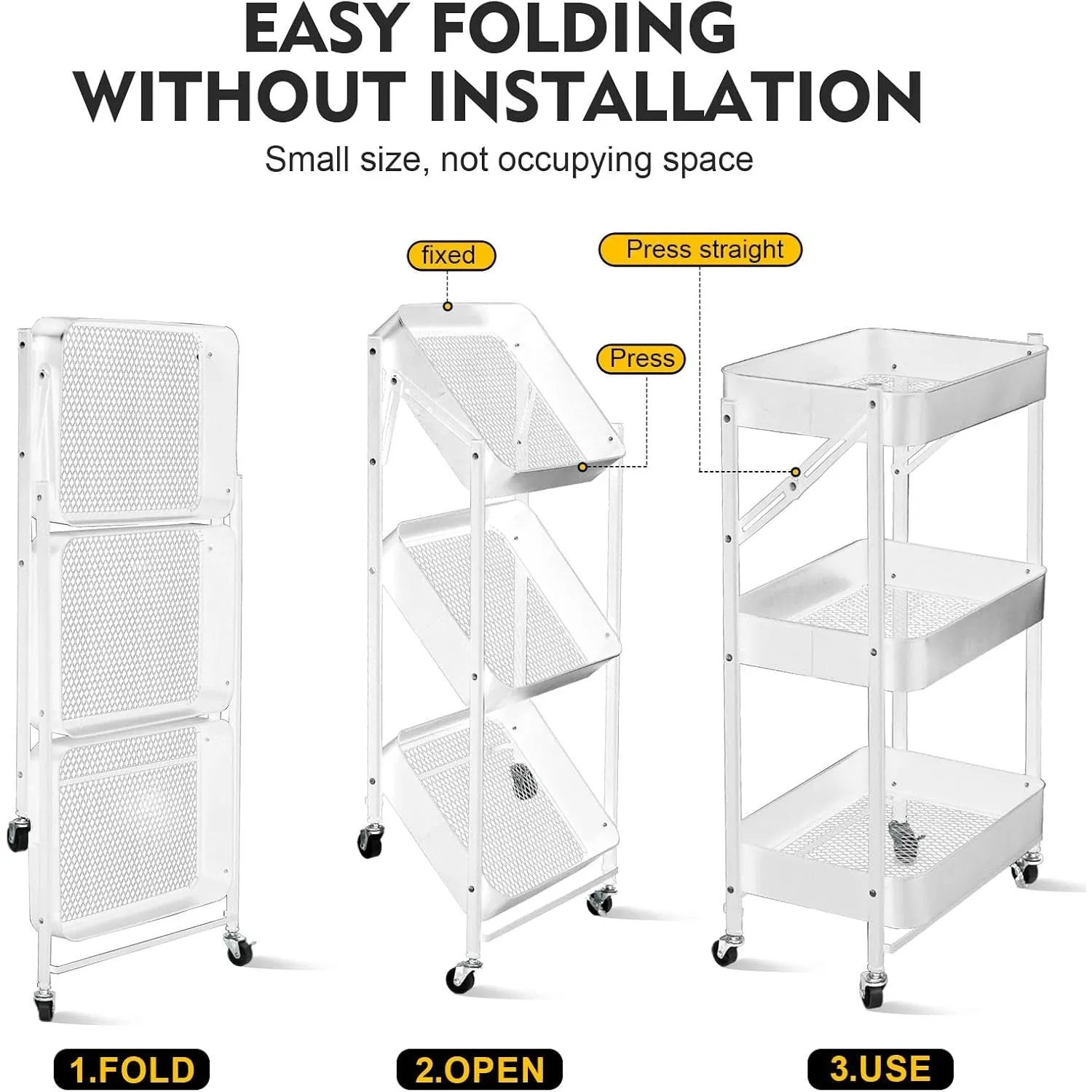 SKY-TOUCH 3 Tier trolley organizer,Foldable Metal Rolling Utility Cart Organizer, Multipurpose Organizer Trolley with Casters for Kitchen, Bedroom, Bathroom, Office, Laundry Room and Garage White