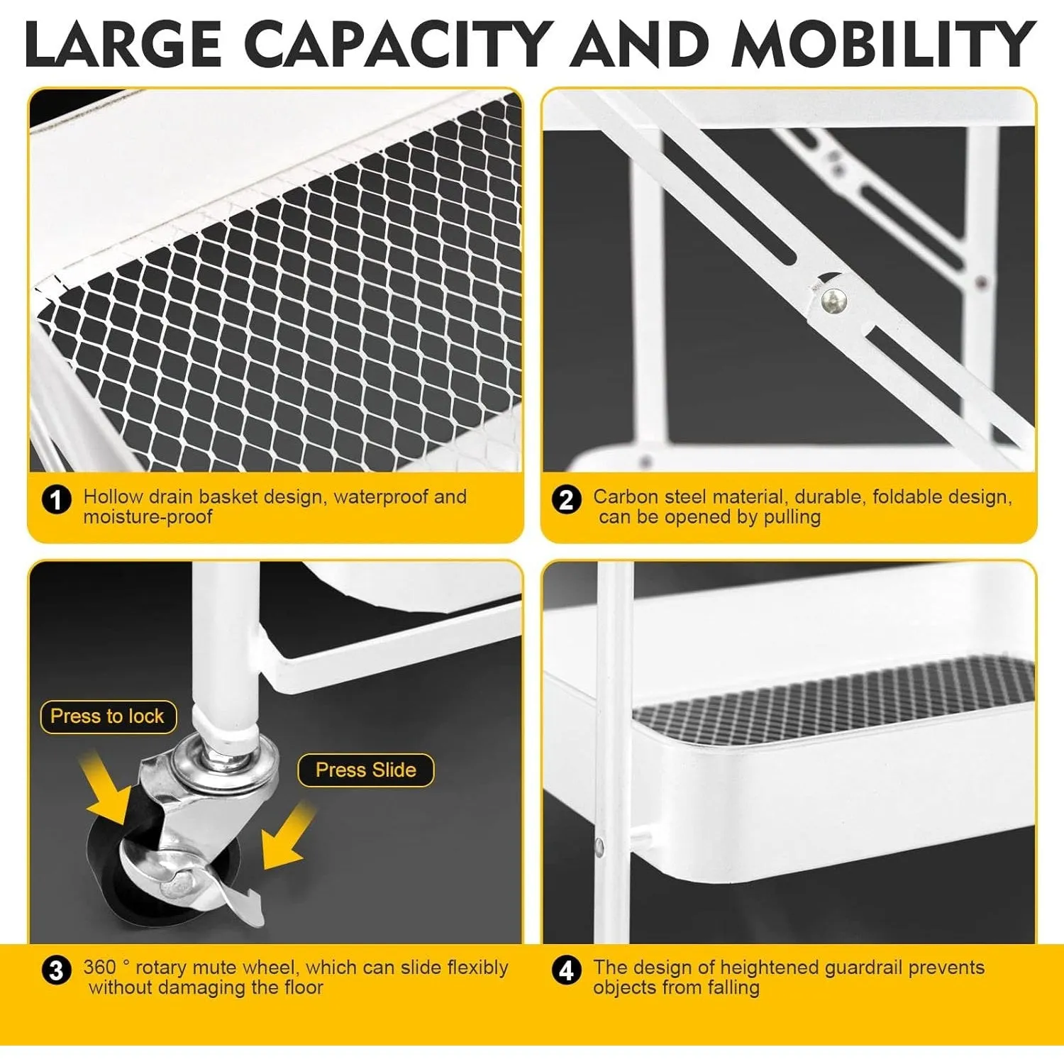 SKY-TOUCH 3 Tier trolley organizer,Foldable Metal Rolling Utility Cart Organizer, Multipurpose Organizer Trolley with Casters for Kitchen, Bedroom, Bathroom, Office, Laundry Room and Garage White