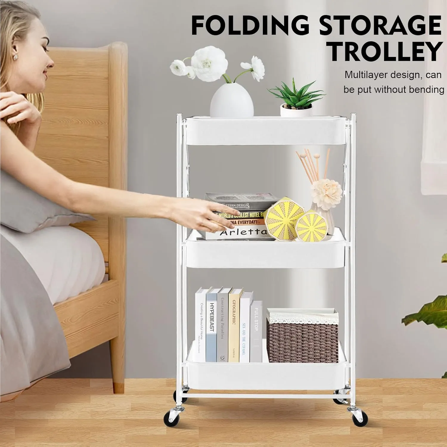 SKY-TOUCH 3 Tier trolley organizer,Foldable Metal Rolling Utility Cart Organizer, Multipurpose Organizer Trolley with Casters for Kitchen, Bedroom, Bathroom, Office, Laundry Room and Garage White