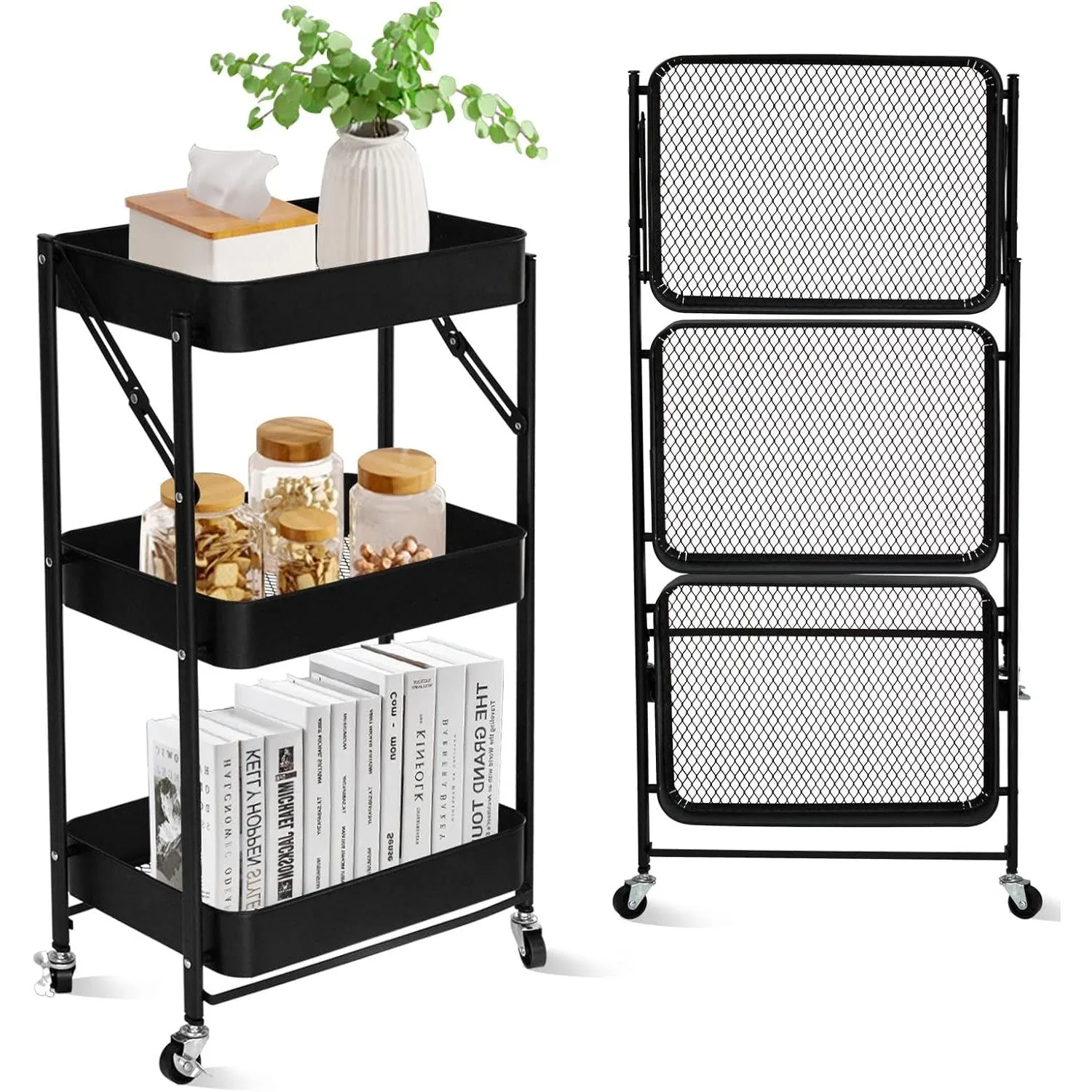 SKY-TOUCH 3 Tier trolley organizer,Foldable Metal Rolling Utility Cart Organizer, Multipurpose Organizer Trolley with Casters for Kitchen, Bedroom, Bathroom, Office, Laundry Room and Garage White