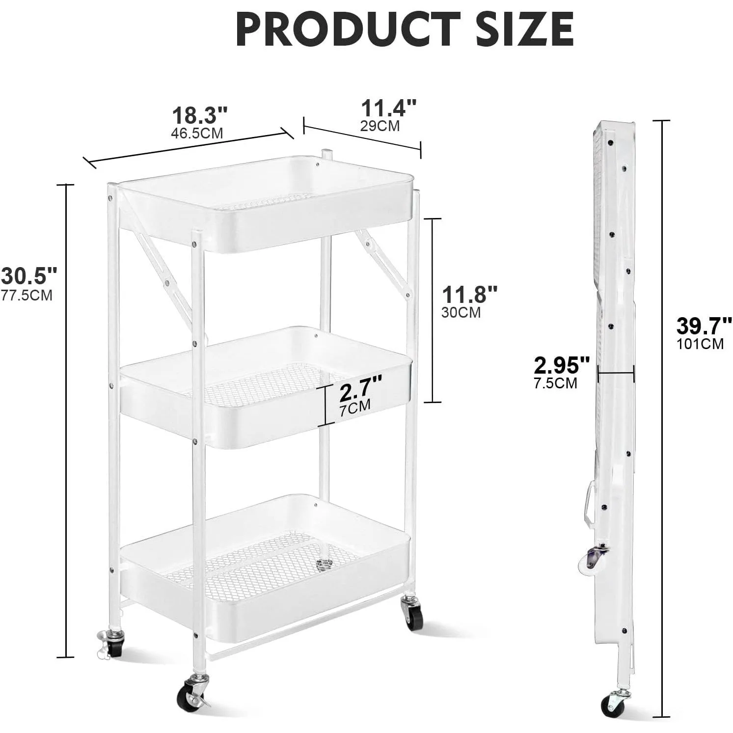 SKY-TOUCH 3 Tier trolley organizer,Foldable Metal Rolling Utility Cart Organizer, Multipurpose Organizer Trolley with Casters for Kitchen, Bedroom, Bathroom, Office, Laundry Room and Garage White