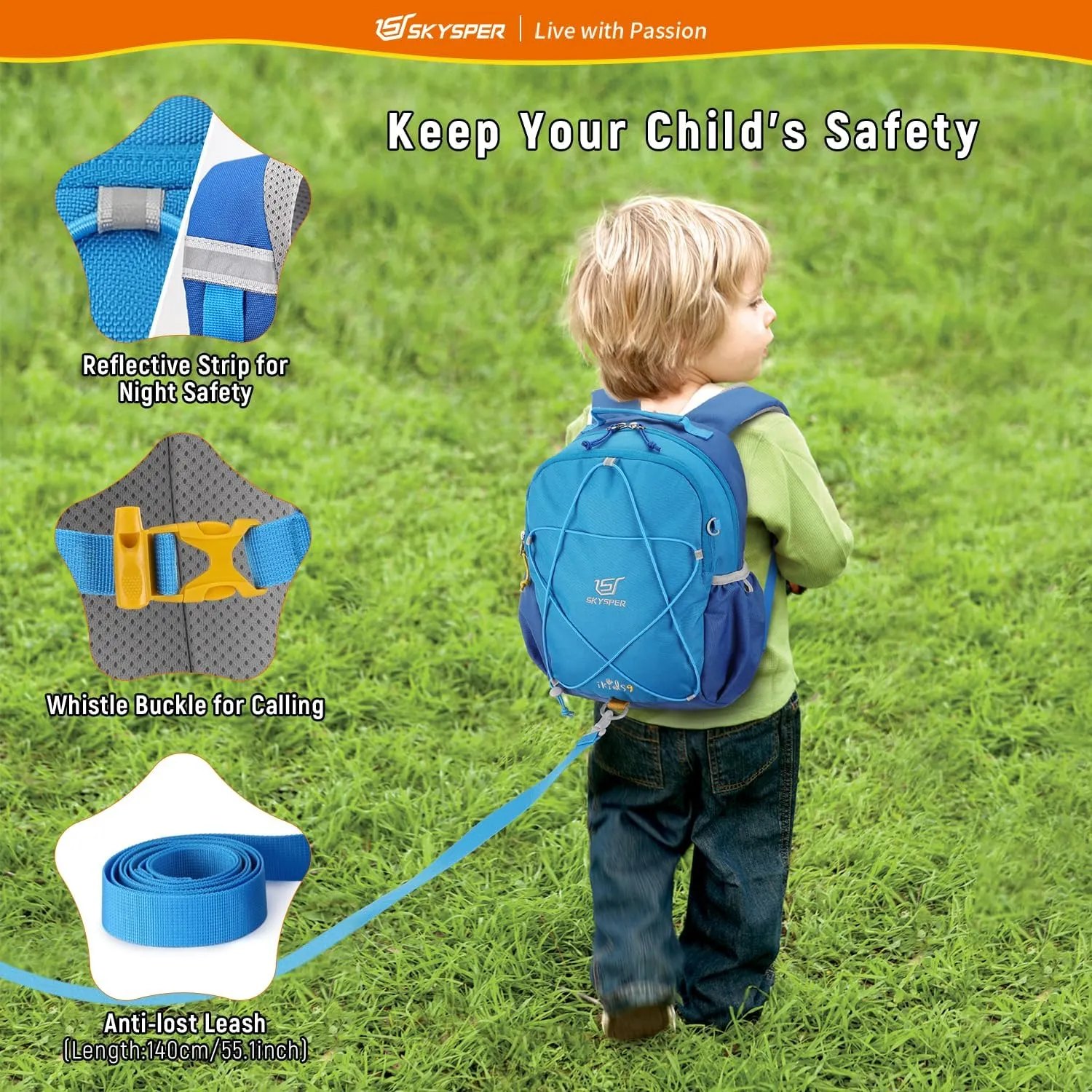 SKYSPER Toddler Backpack with Leash for Boys Girls Kids Travel Backpack Preschool Kindergarten Backpack for Outdoor Day Trips(Sky Blue)