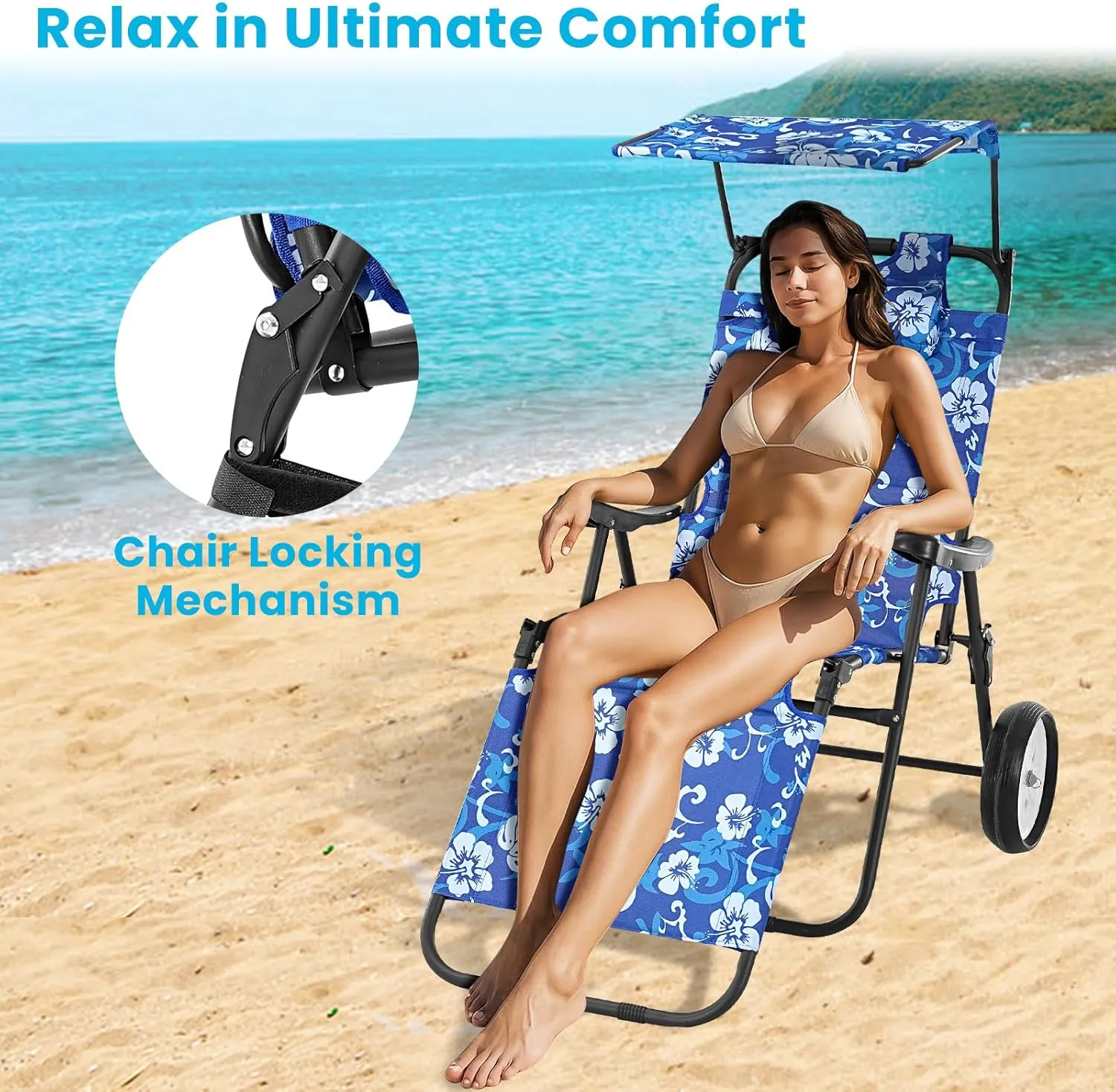 Slsy Beach Cart Chairs with Wheels, 2 in 1 Heavy Duty Beach Chair with Canopy Shade, Folding Lounge Chair with Integrated Wagon Pull Cart Combination, Perfect for Backyard, Pool or Picnic