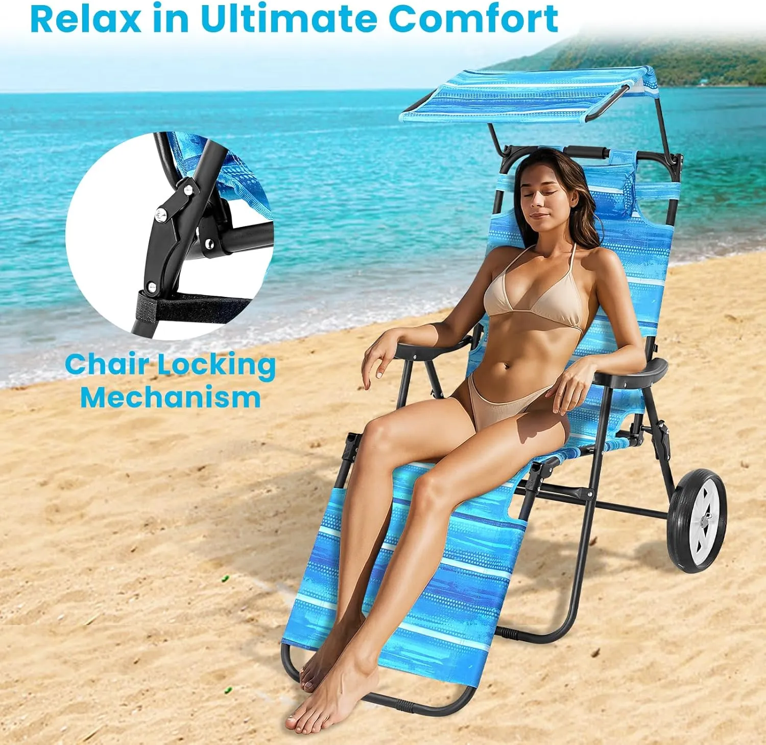 Slsy Beach Cart Chairs with Wheels, 2 in 1 Heavy Duty Beach Chair with Canopy Shade, Folding Lounge Chair with Integrated Wagon Pull Cart Combination, Perfect for Backyard, Pool or Picnic