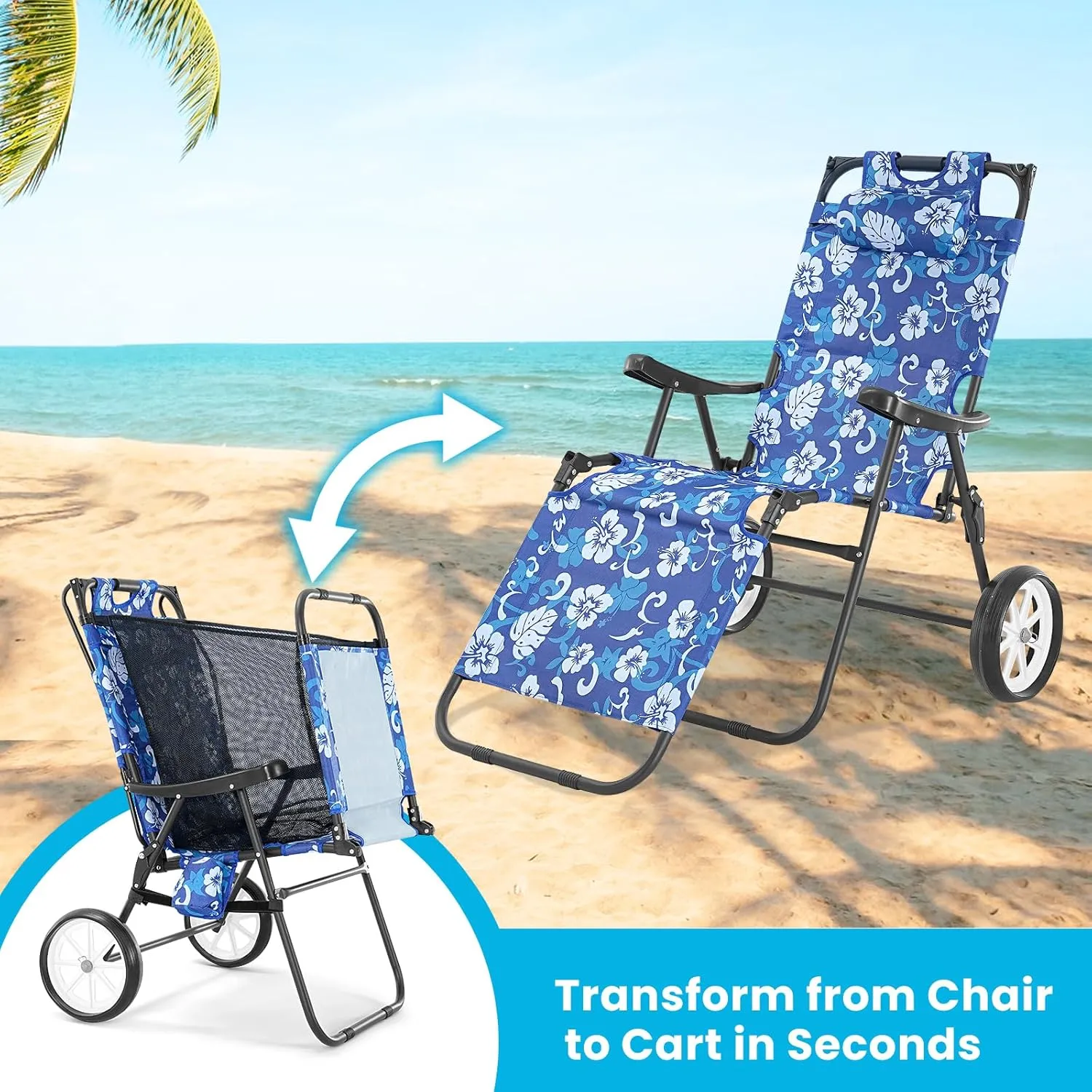 Slsy Beach Cart Chairs with Wheels, 2 in 1 Heavy Duty Beach Chair with Canopy Shade, Folding Lounge Chair with Integrated Wagon Pull Cart Combination, Perfect for Backyard, Pool or Picnic